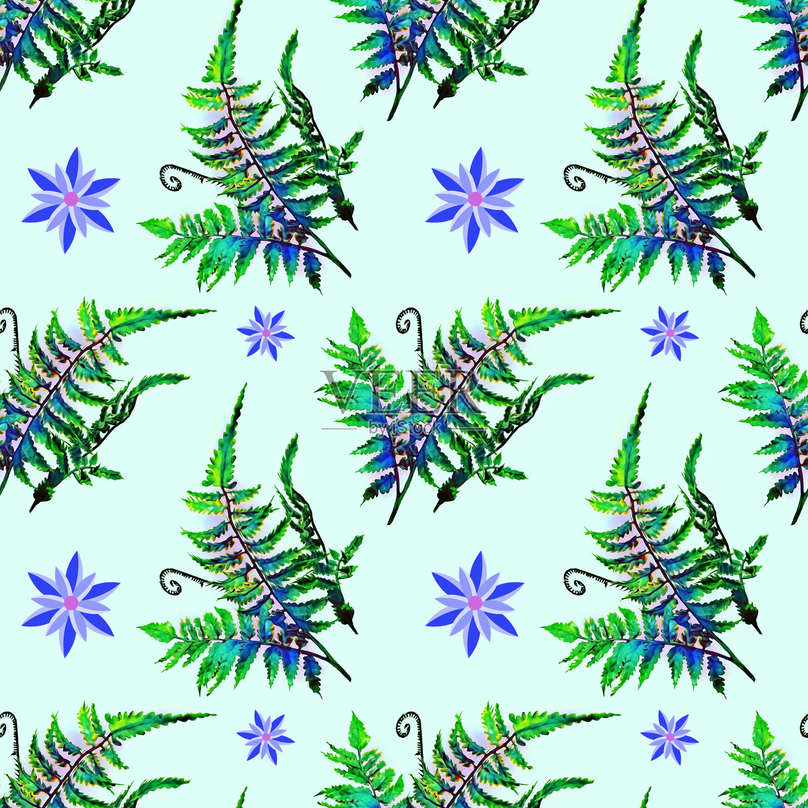 蕨类与花无缝模式。插画图片素材