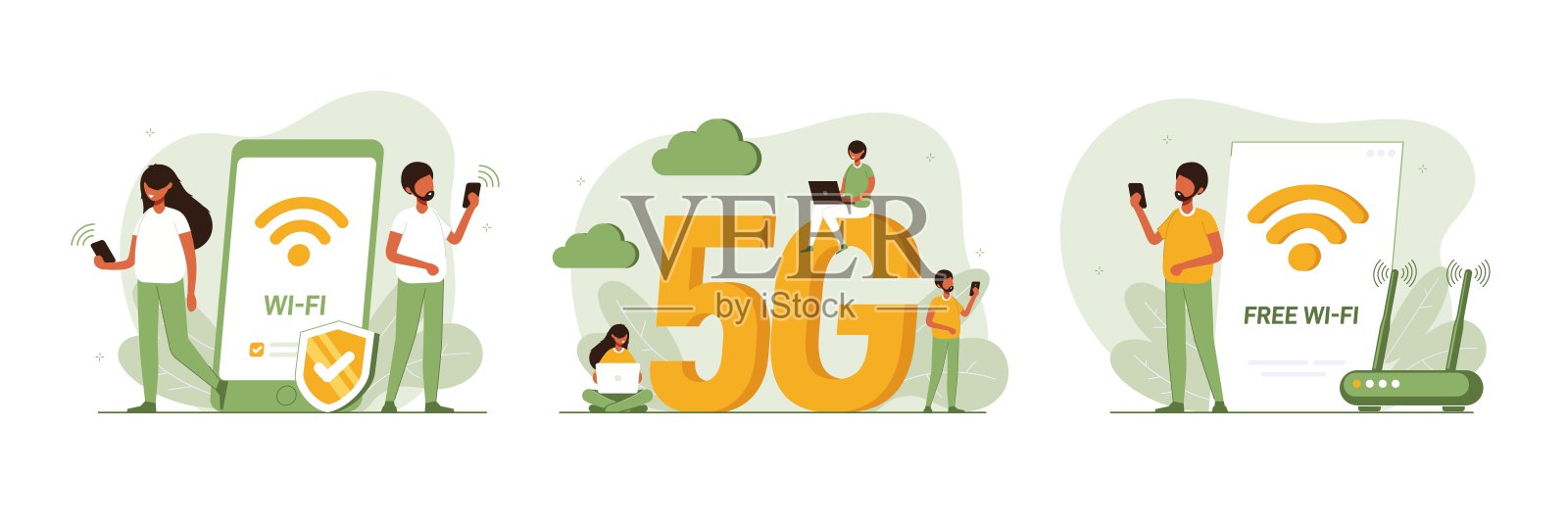 移动网络概念集,无线互联网连接技术。无线插图。人们使用设备连接互联网网络现代彩色平面矢量插图海报,横幅。插画图片素材