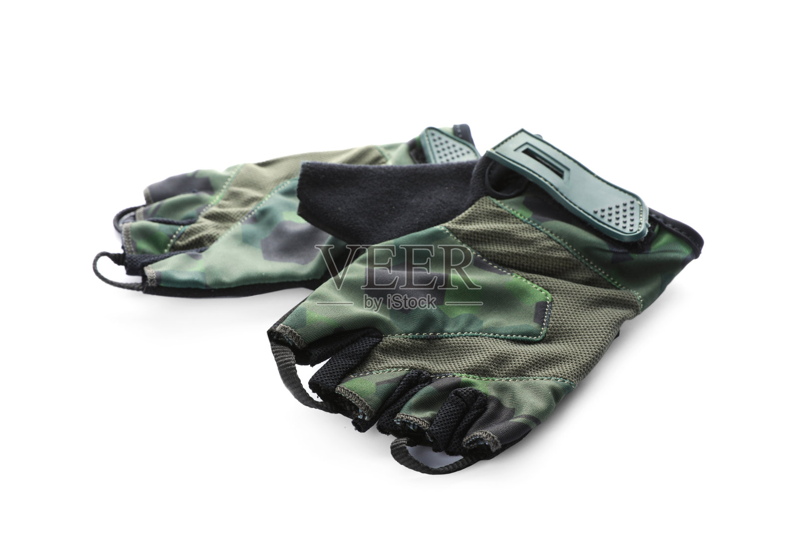 一对时尚的无指自行车手套在白色背景照片摄影图片