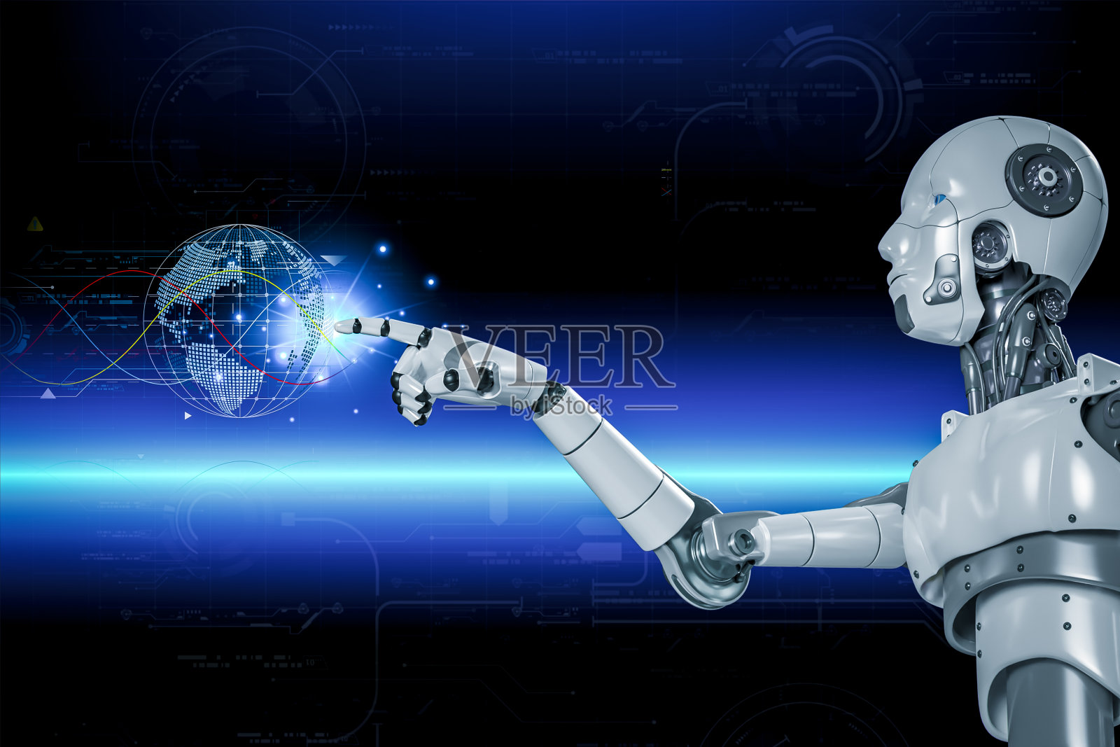 3 d渲染。人工智能,未来机器人和半机械人发展的AI研究,数字智能世界的元宇宙概念。照片摄影图片
