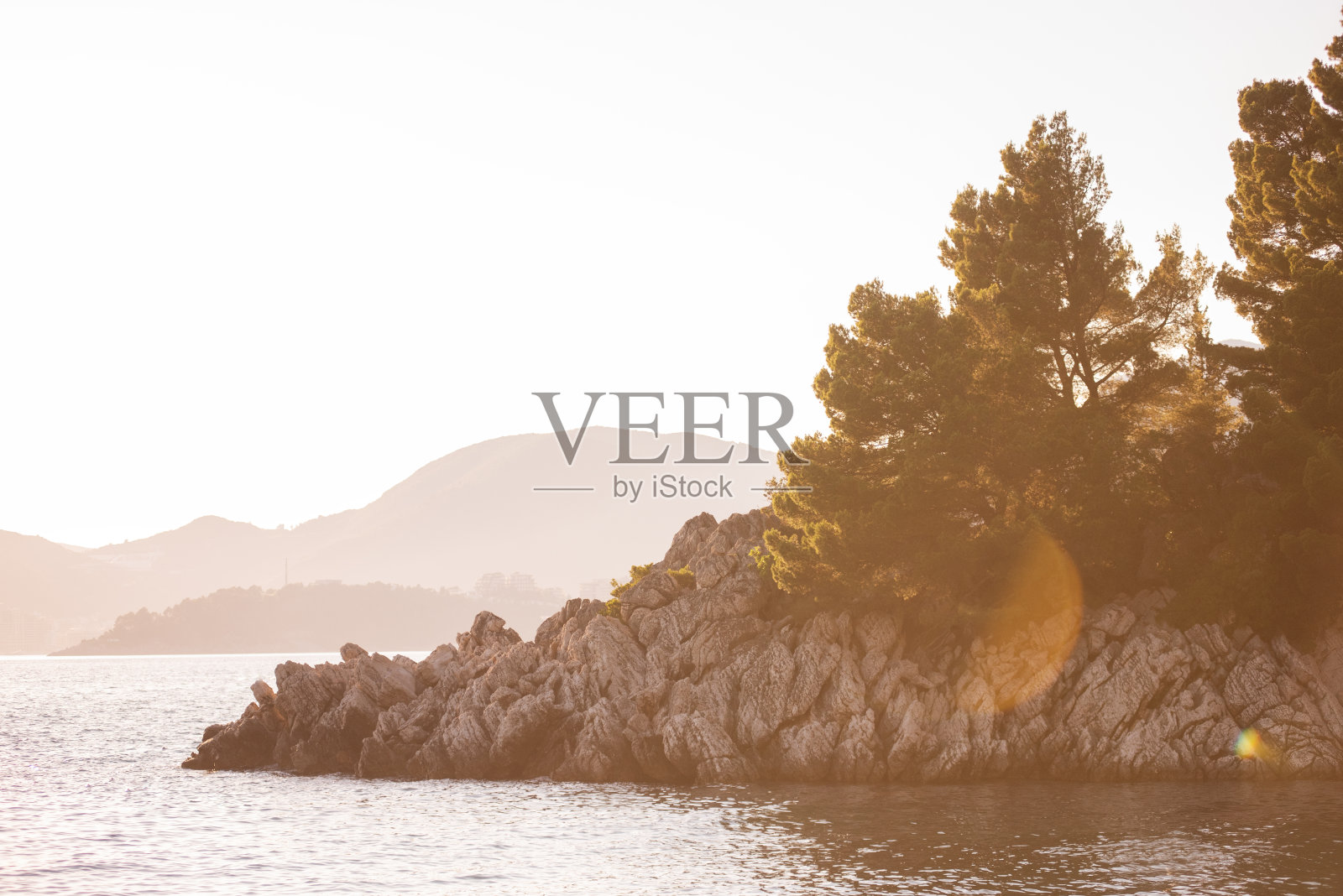 岩石海岸,海滩与绿色的松树在日落。黑山的自然。纹理背景照片摄影图片