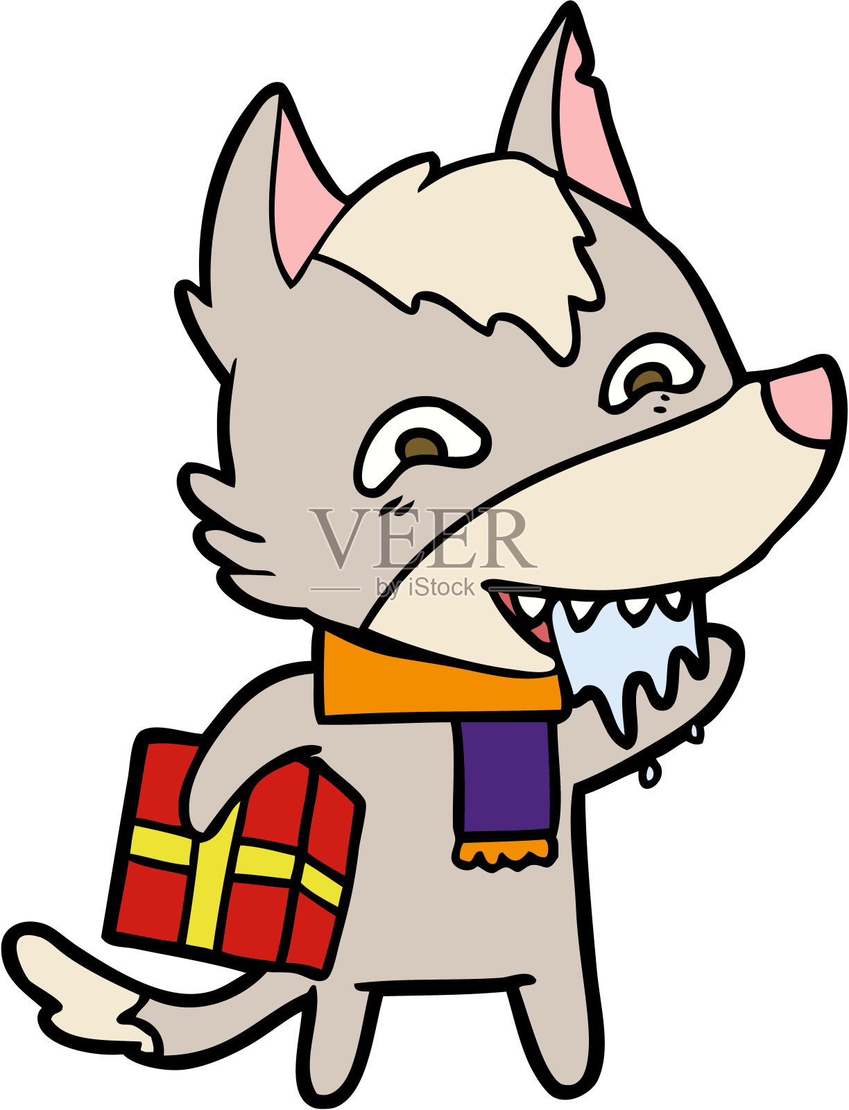 卡通饿狼拿着圣诞礼物插画图片素材