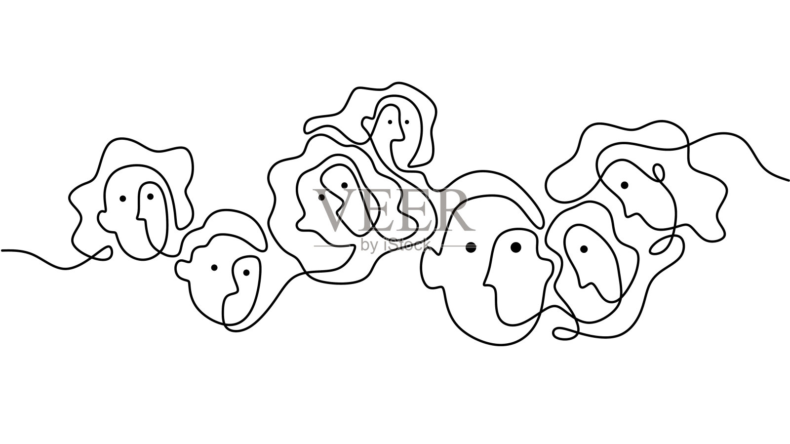 手绘了一组连续的单线抽象面孔,孤立在白色背景上。插画图片素材