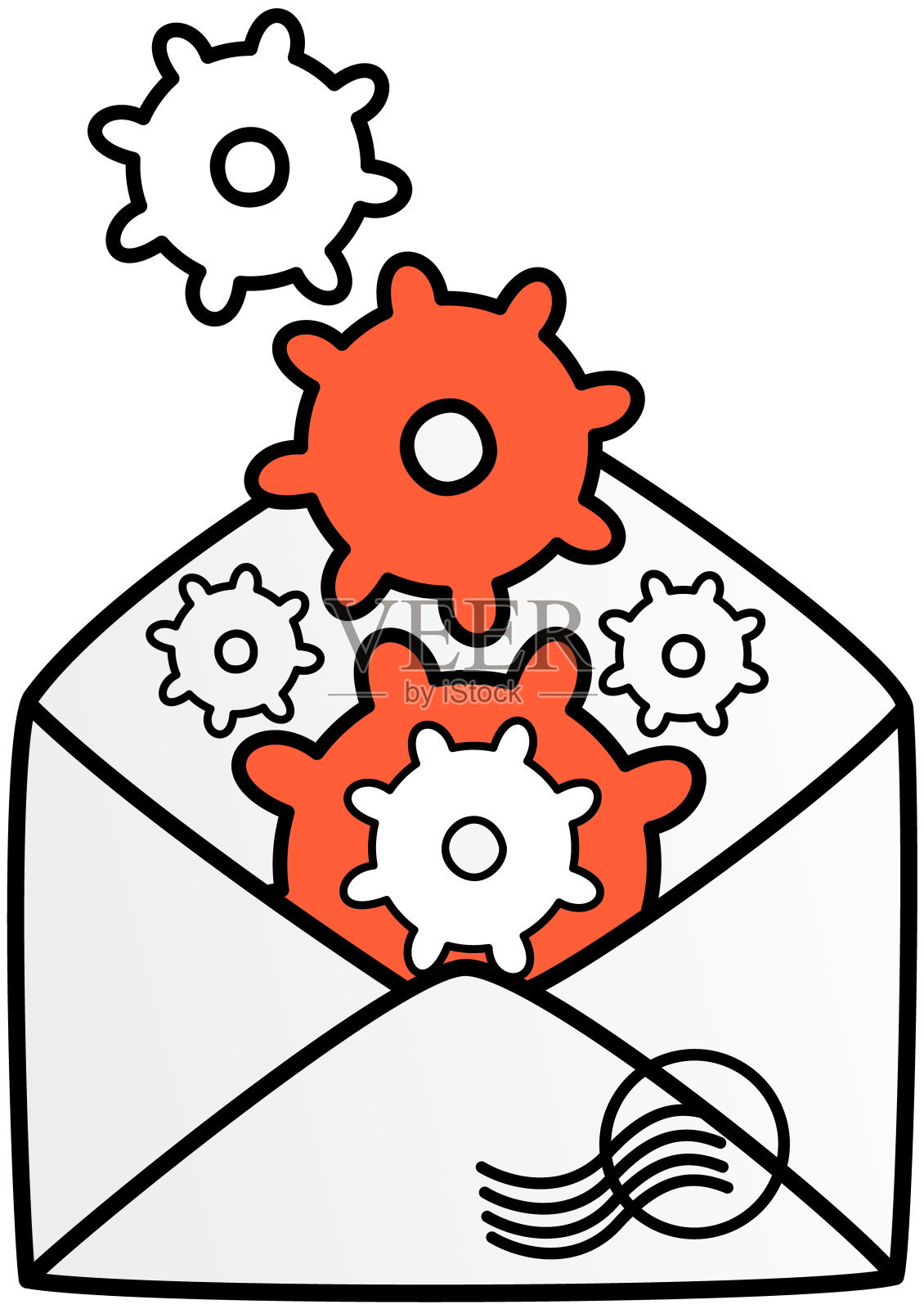 齿轮在进化作为电子邮件设置的象征。软件,维护,通过互联网技术邮寄插画图片素材