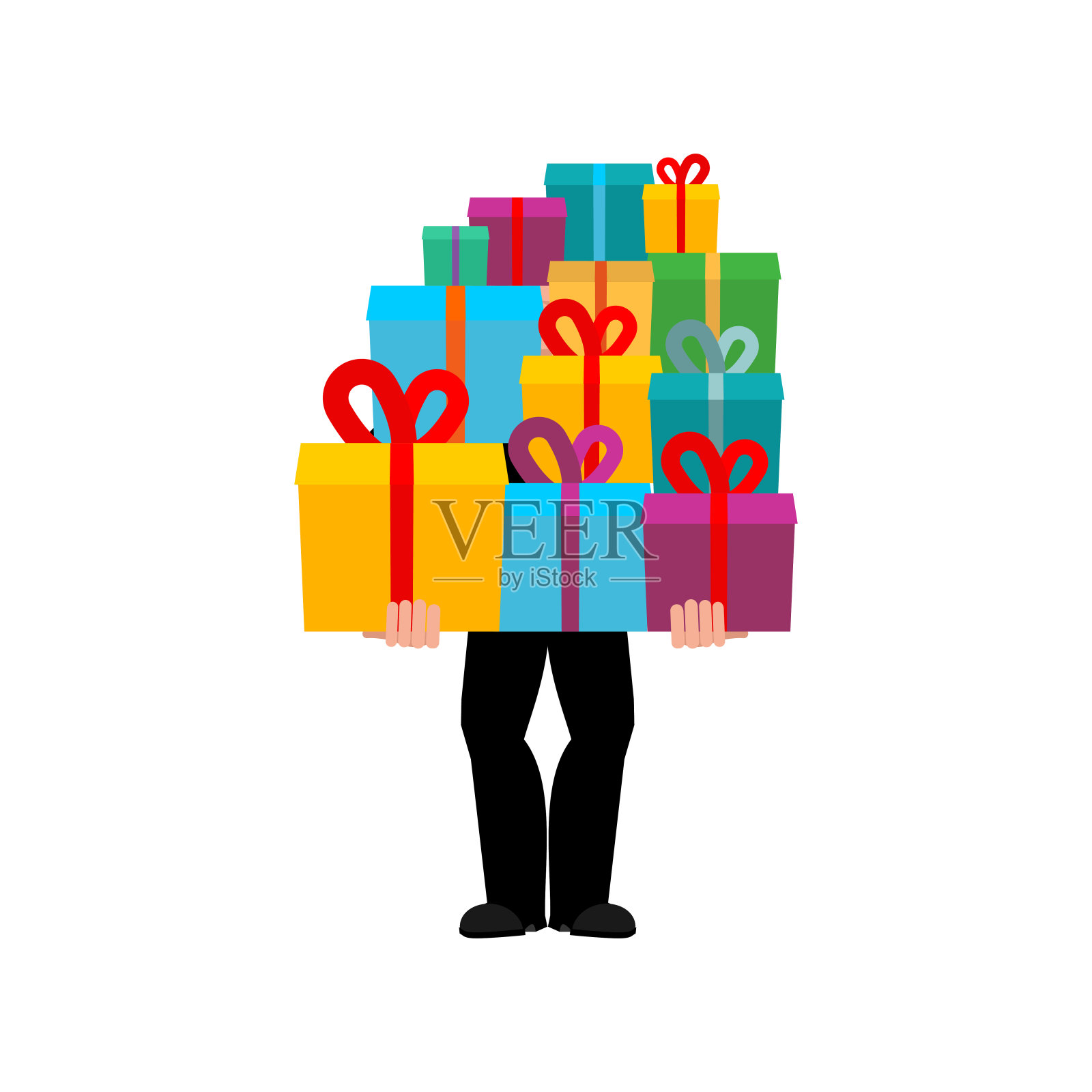男人送了一堆礼物盒。许多礼盒来自人类的祝贺。插画图片素材