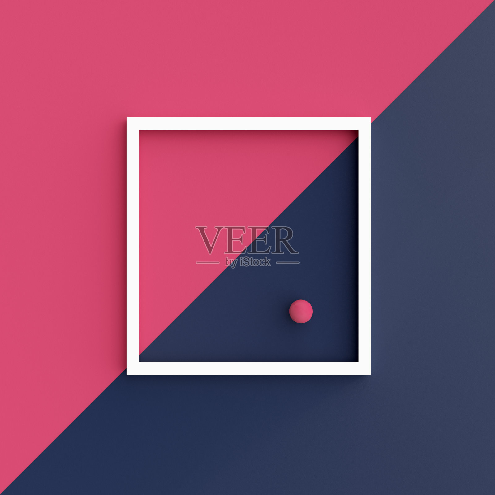 一个球在一个白色的空白画框挂在双色调viva品红和蓝色的墙壁。照片摄影图片