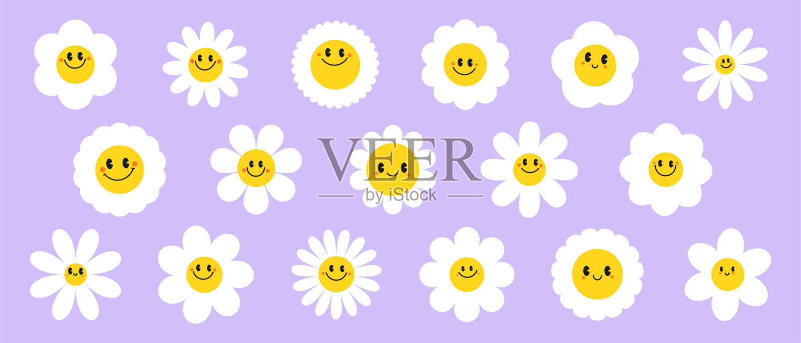 绝妙的雏菊花脸收藏。卡通风格的复古洋甘菊微笑。70年代的快乐贴纸。矢量图解插画图片素材