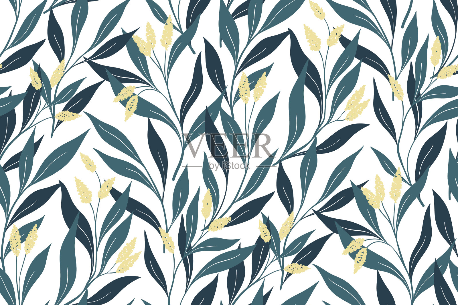 无缝的花卉图案与蓝色的树枝,叶子在白色的背景。向量。插画图片素材