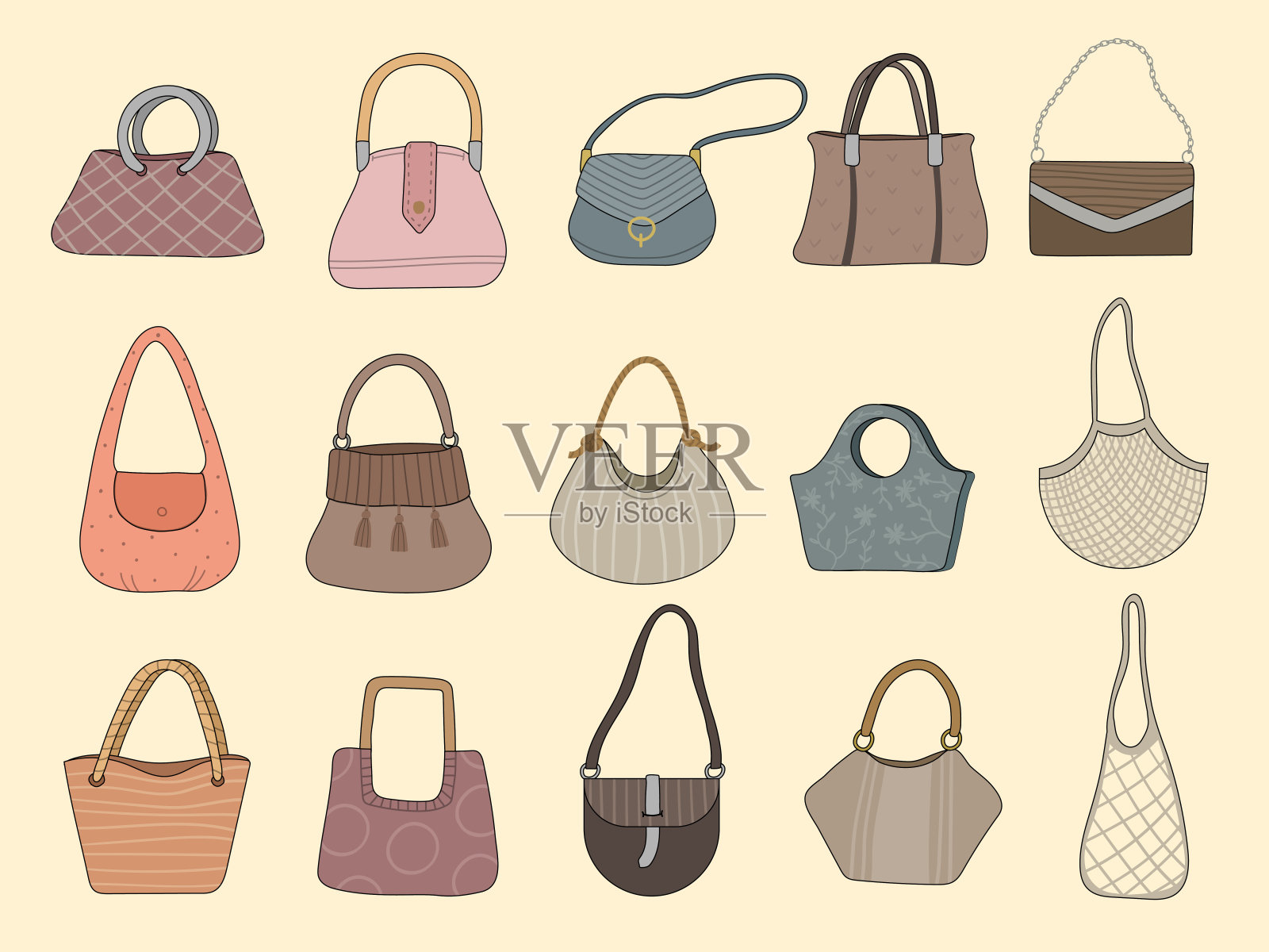 钱包。风格化的时尚袋纺织杂货网最近矢量肩袋。钱包和手提包的说明插画图片素材