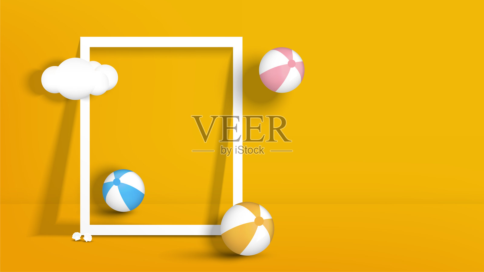 黄色背景与白色框架,海滩球,云,贝类装饰在极简风格。夏季背景与文本空间。矢量插图。插画图片素材