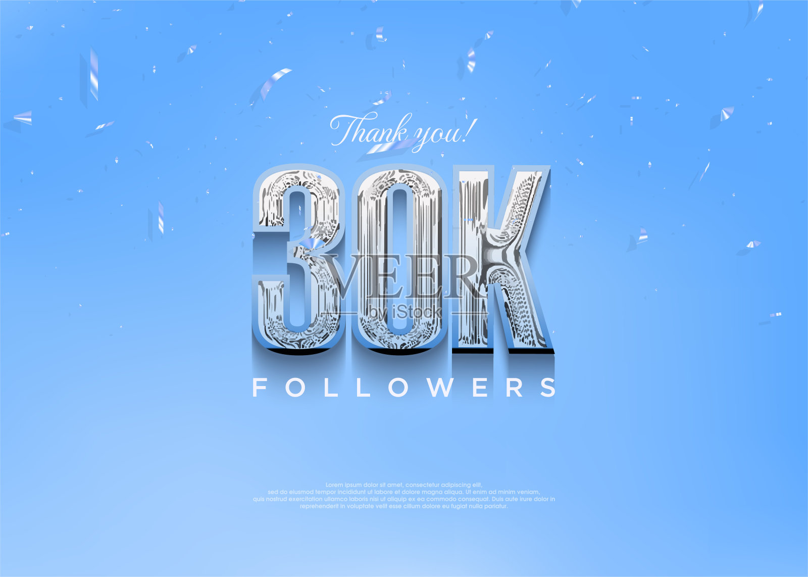 3万感谢粉丝,亮蓝色数字,酷炫主题。插画图片素材