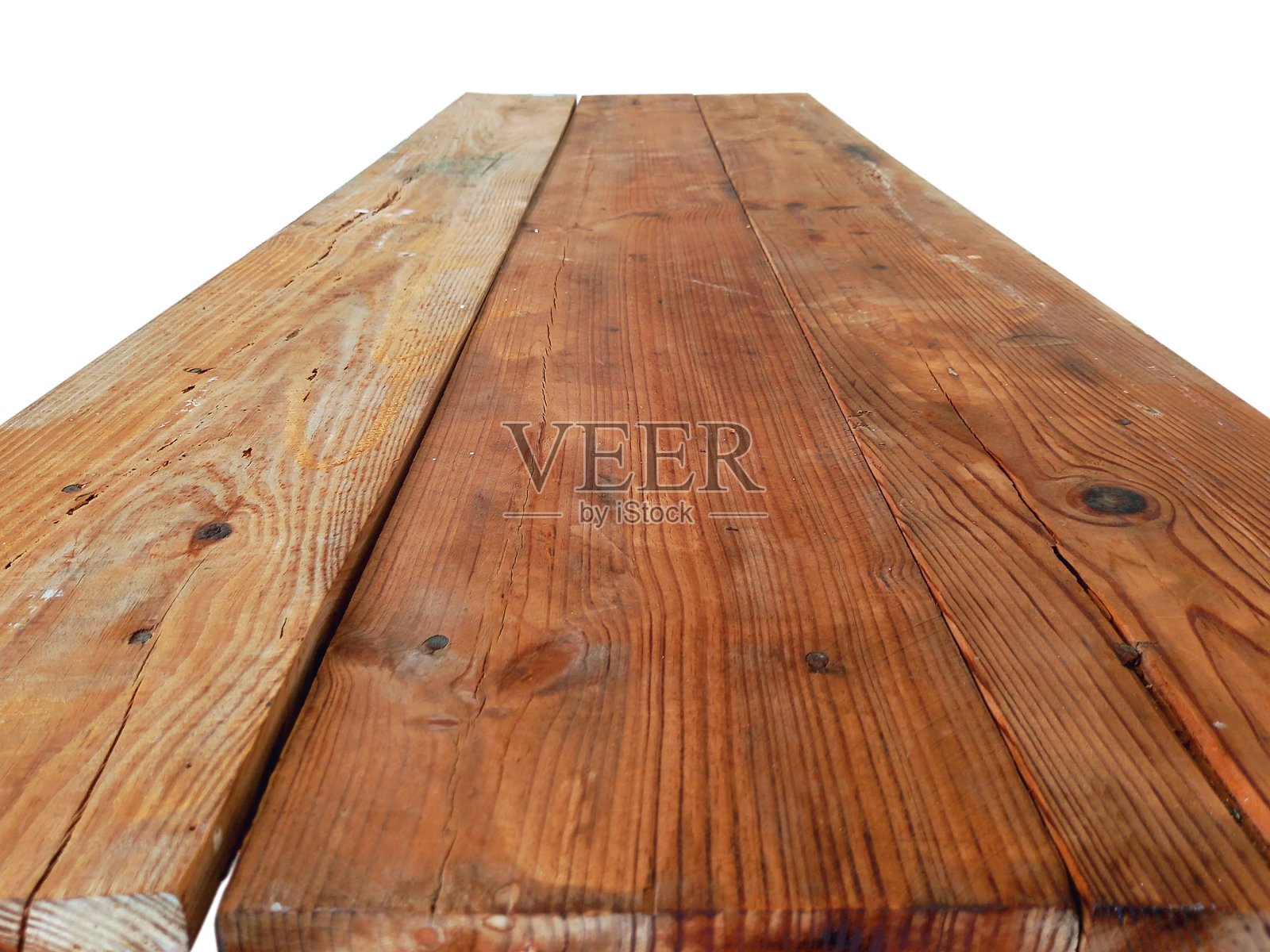 透视视图的三张乡村木材与孔隔离。白色背景上的乡村木板。全框架复古木材。照片摄影图片