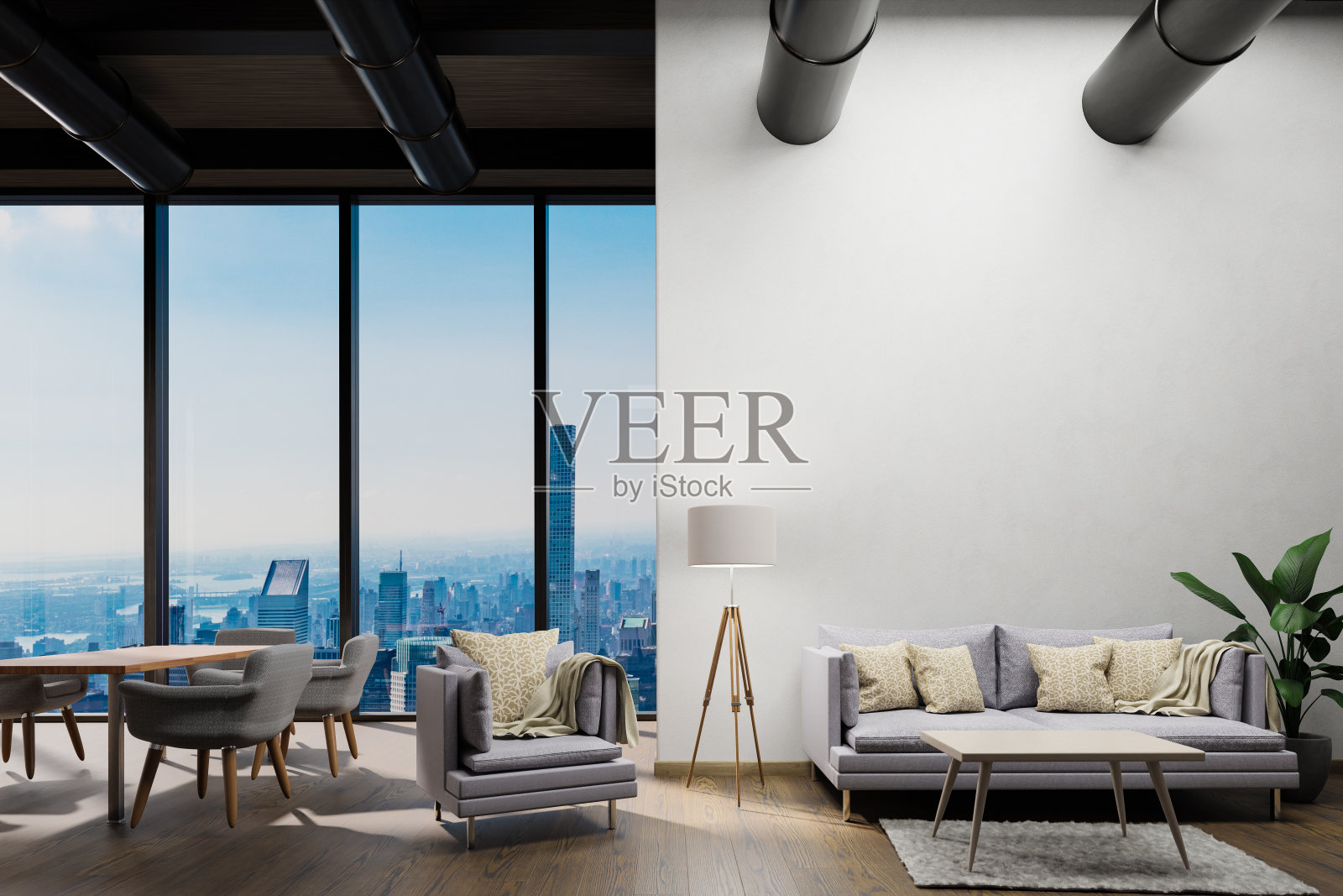 大型城市天际线阁楼办公室与白墙和帆布模拟;复制空间全景窗口天际线视图,3D插图照片摄影图片