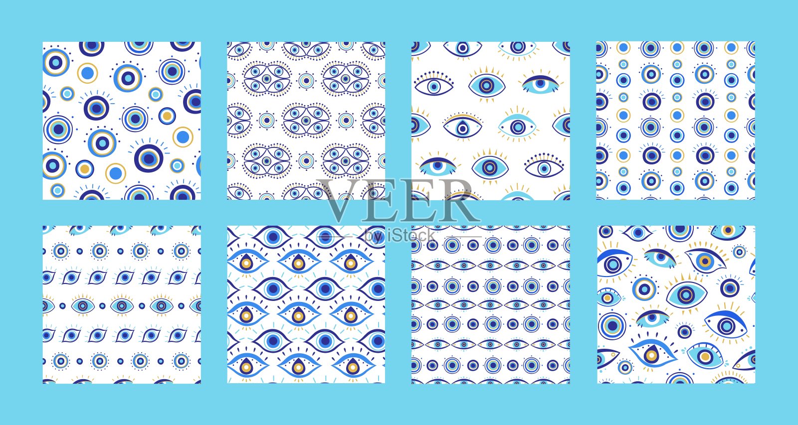邪恶的眼睛图案。神奇的护身符,神秘的恶意眩光和精神的眼睛无缝矢量背景插图集插画图片素材