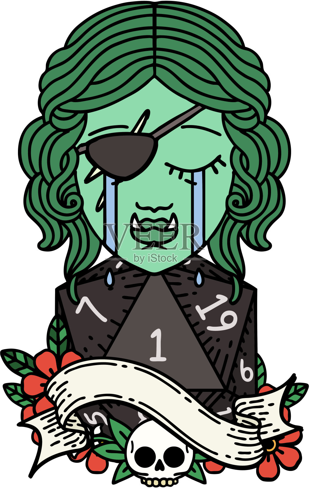 复古纹身风格哭泣的兽人流氓人物脸与自然一个D20卷插画图片素材