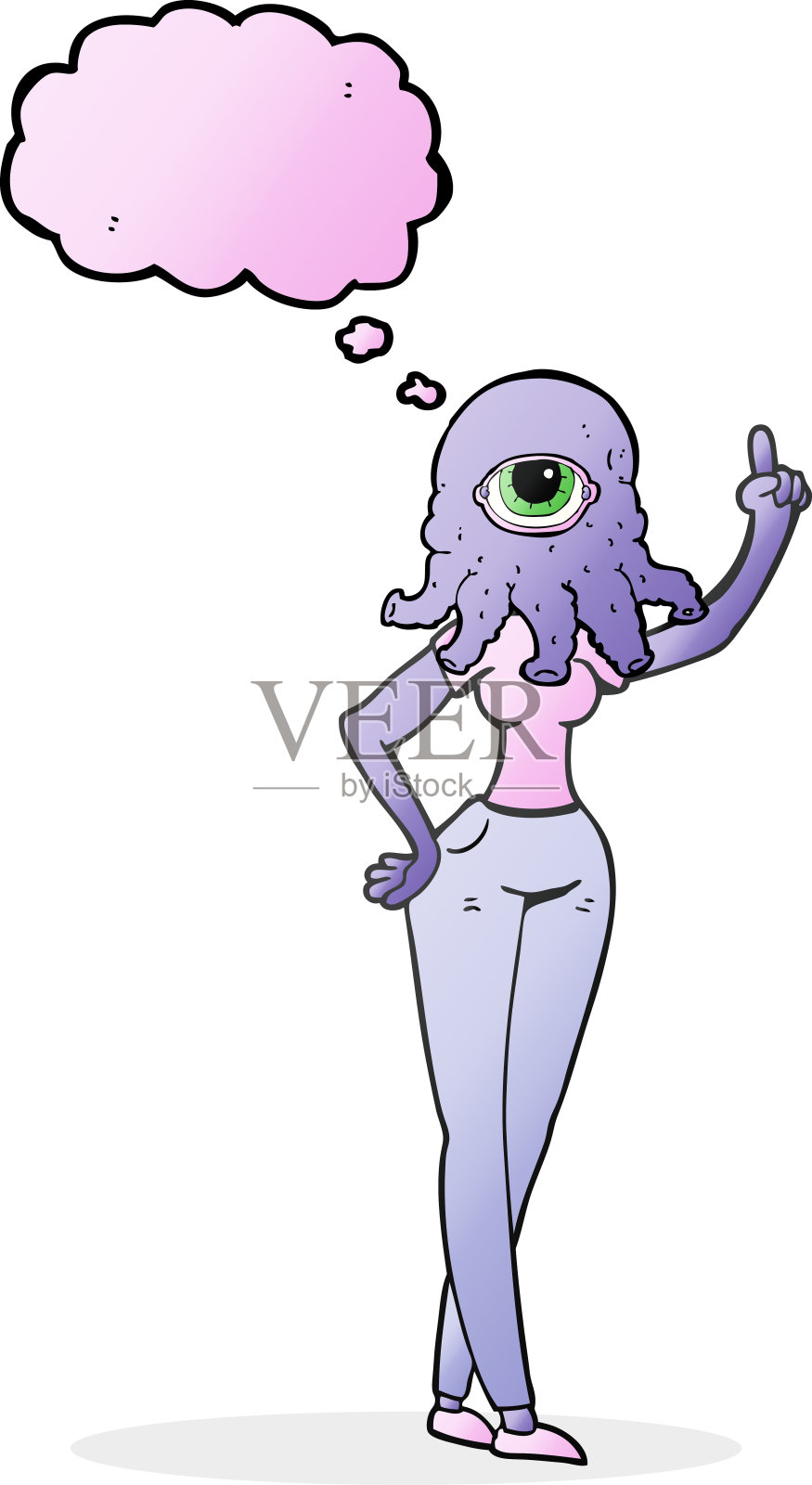 徒手画的思想泡泡卡通女外星人举起手插画图片素材