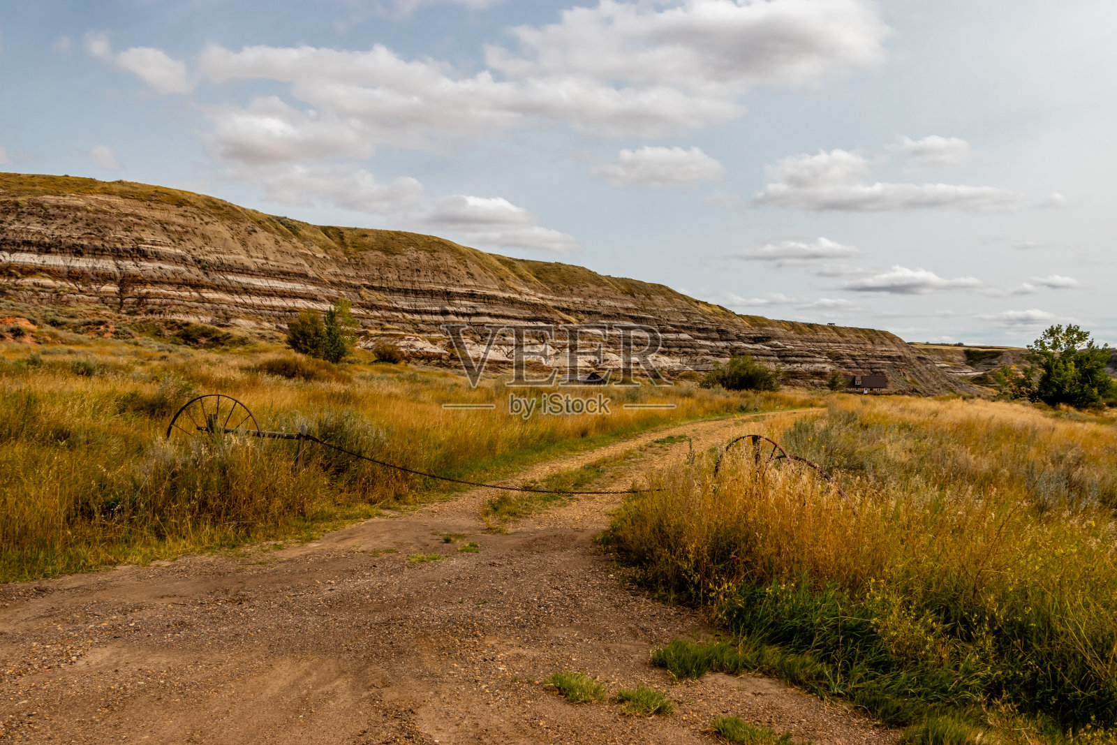 荒地阴影下的旧农场结构。罗斯代尔,阿尔伯塔省,加拿大照片摄影图片