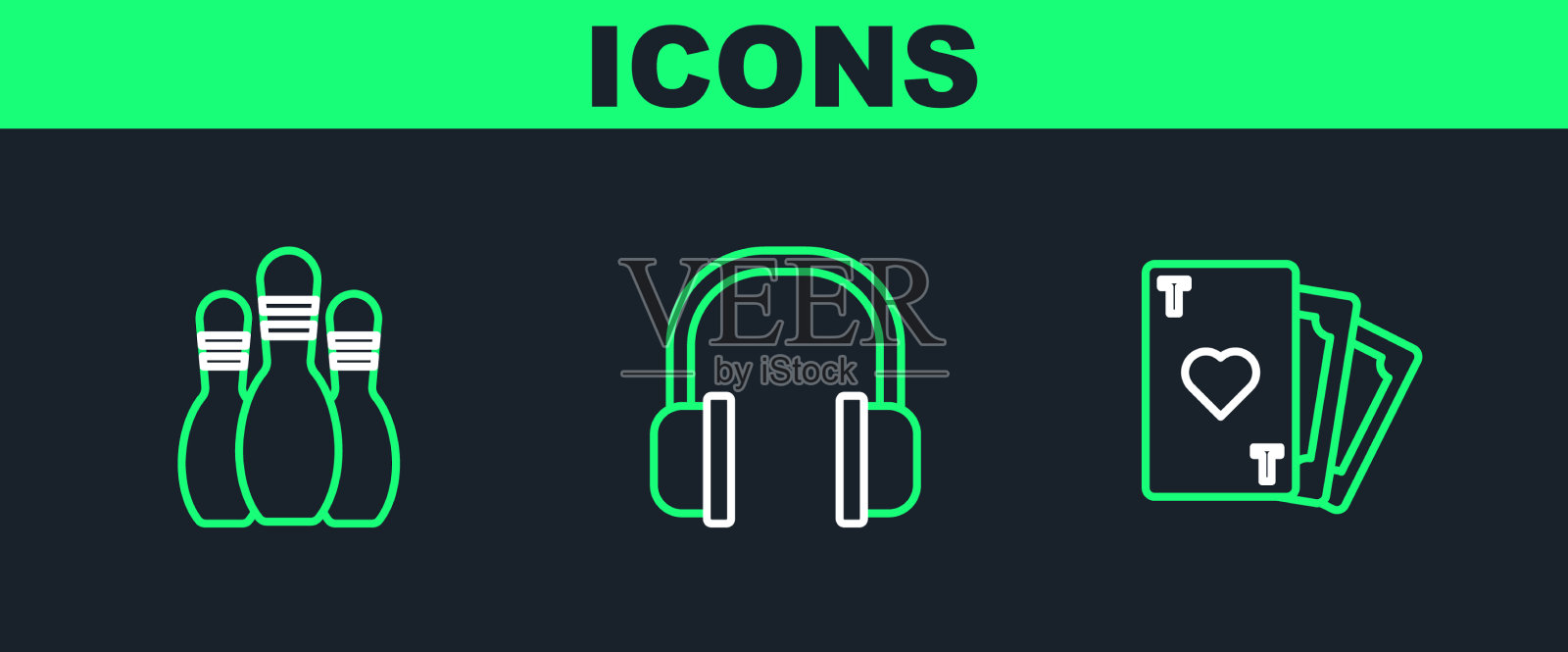 设置线扑克牌与心符号保龄球图标素材