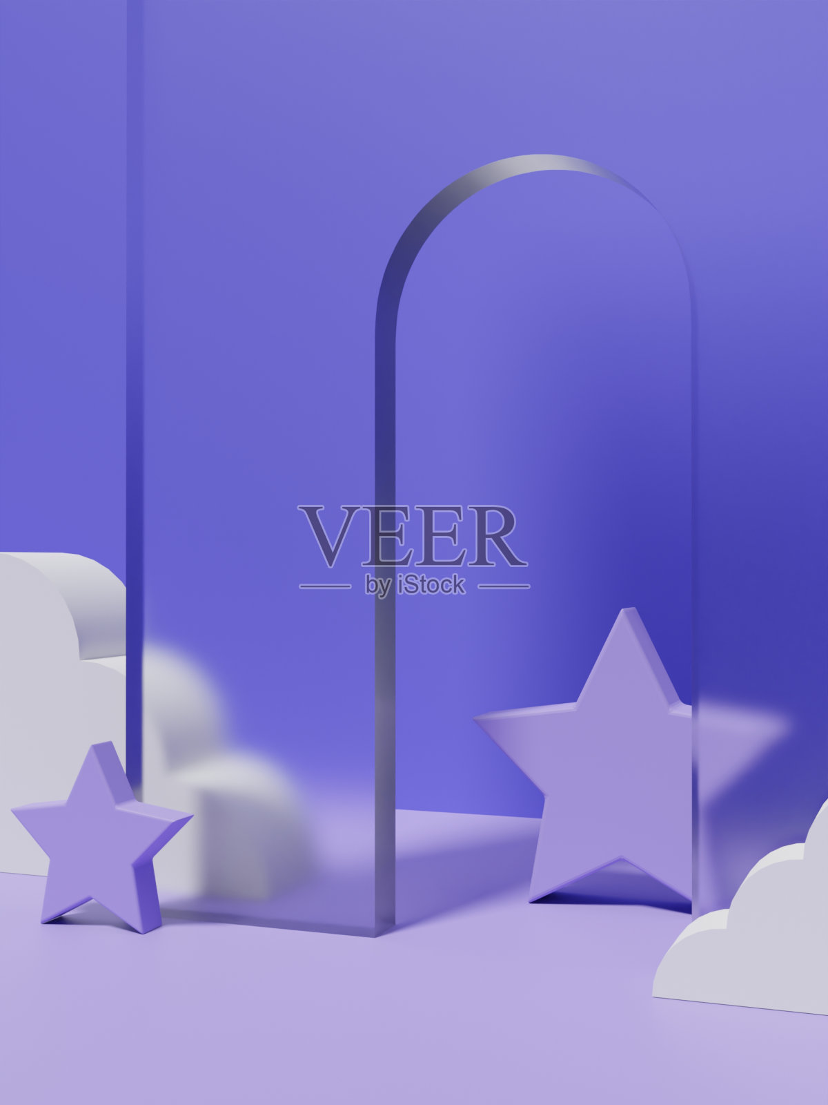 三维渲染鲜艳的颜色最小几何或抽象云和透明的门道具产品显示背景的美丽或时尚的产品。紫罗兰。照片摄影图片