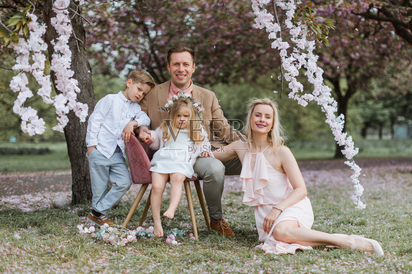 春天。幸福的家庭坐在樱花公园。母亲、父亲、儿子和小女孩一起在鲜花盛开的公园里。照片摄影图片