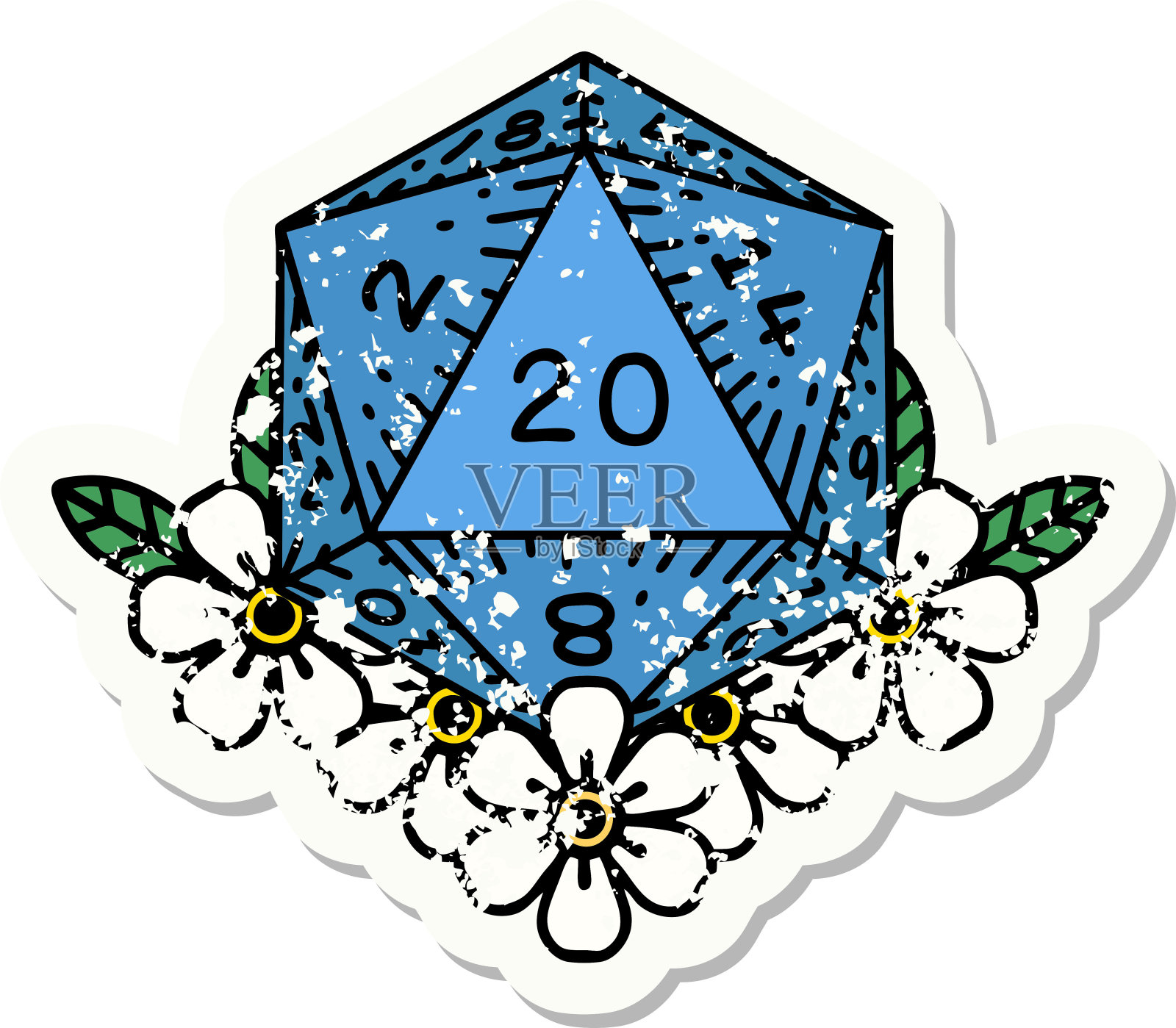 垃圾贴纸的自然20 D20骰子滚动与花卉元素插画图片素材