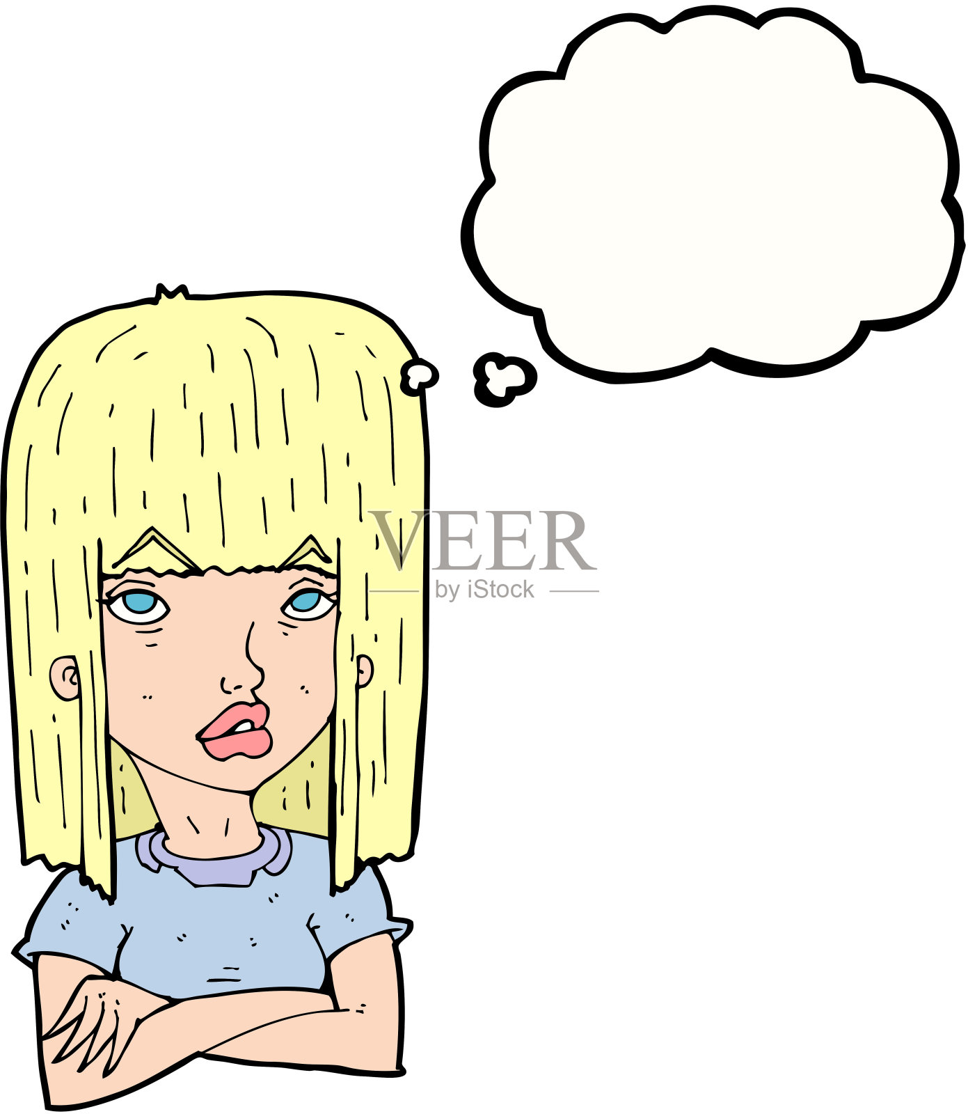 卡通女孩抱臂与思想泡泡插画图片素材