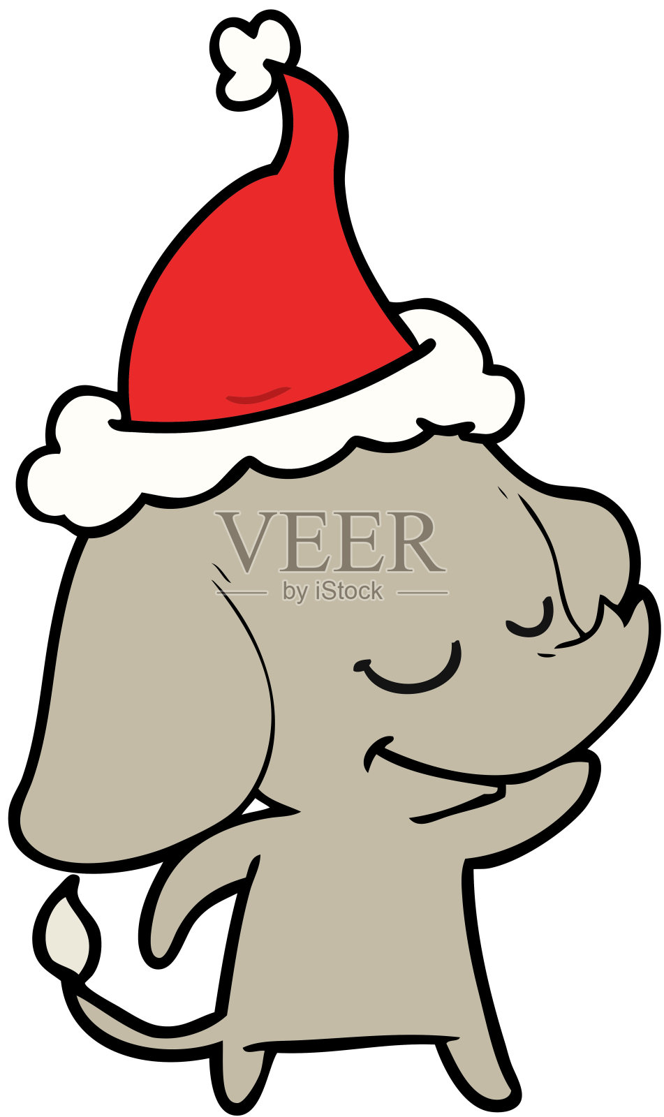 手绘线画的微笑大象戴着圣诞老人的帽子插画图片素材