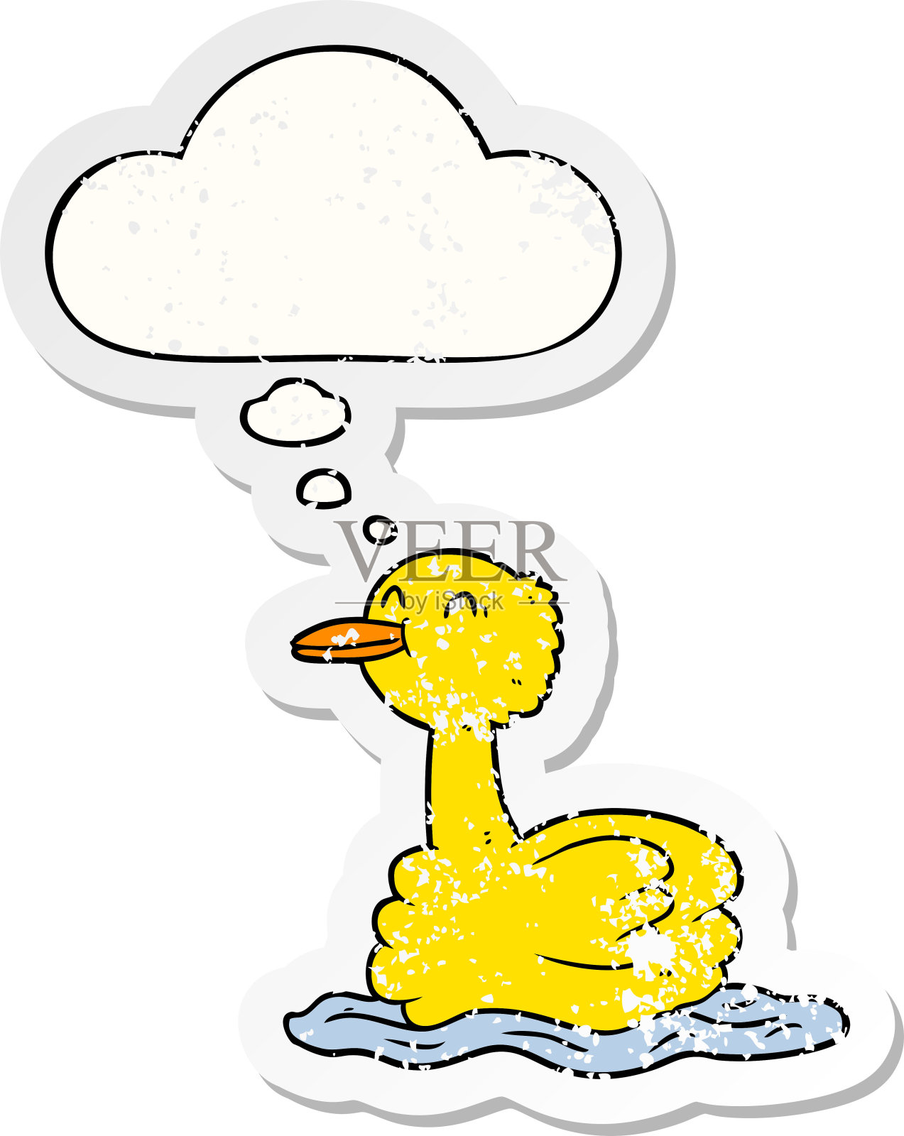 卡通鸭子与思想泡泡作为一个痛苦的磨损贴纸插画图片素材