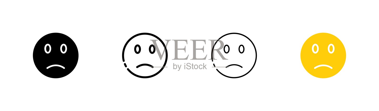 心烦的表情设置图标。悲伤,忧郁,忧郁,关系情感,感觉,表情符号,圆脸贴纸。情绪的概念。矢量图标在直线,黑色和彩色风格的白色背景图标素材