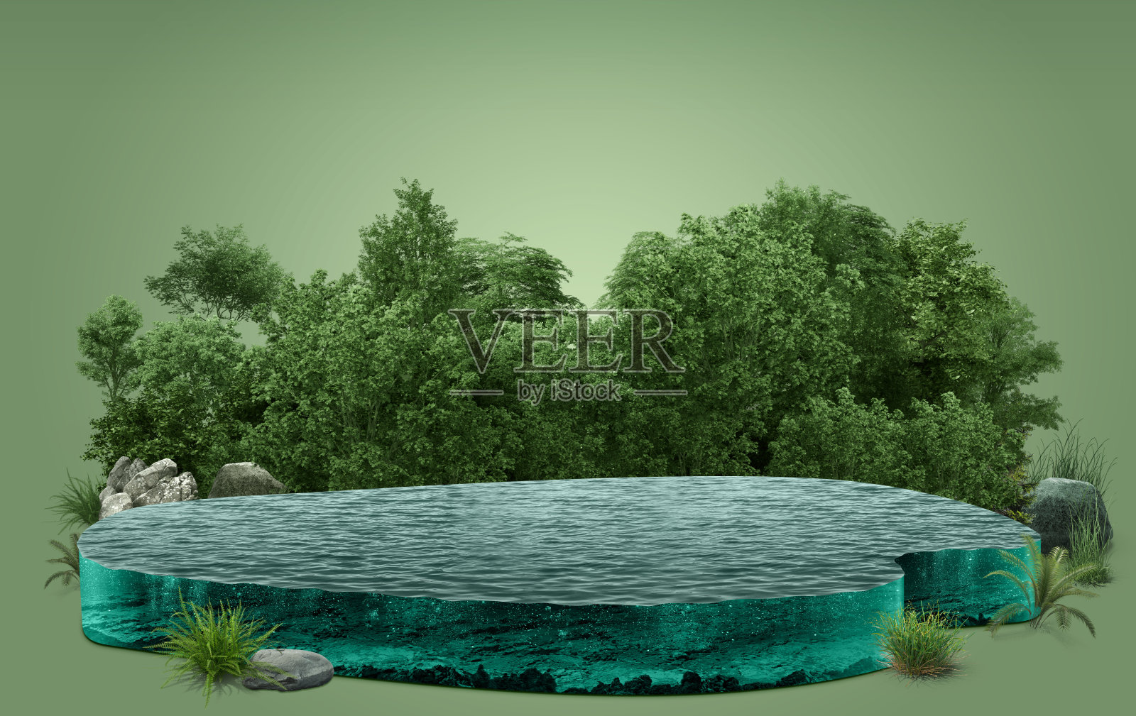 景观河流池3D图:瀑布创意设计,河流2.5D视图,背景为树木照片摄影图片