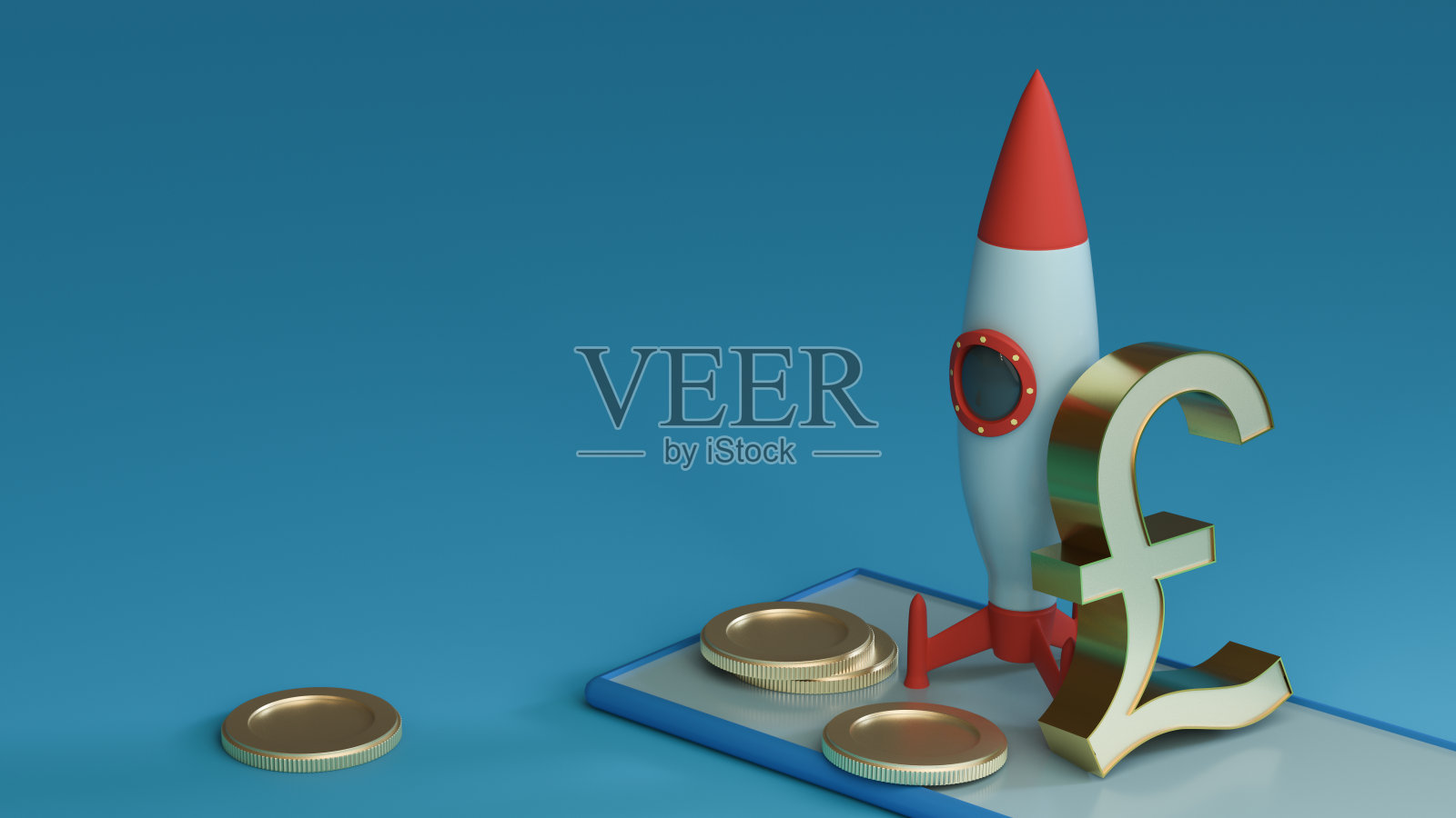 一枚即将从智能手机上发射的英镑标志靠在一枚火箭上,蓝色背景上有硬币,还有文字和标志的空间。3 d渲染。金融的概念。启动照片摄影图片