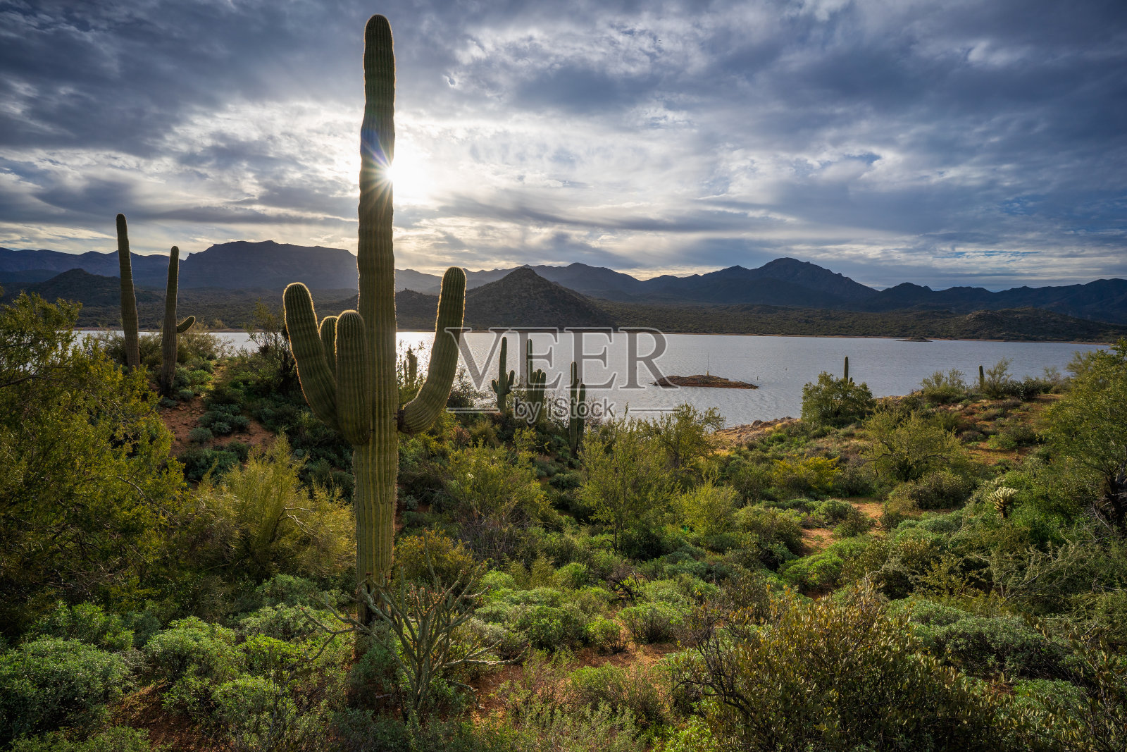 美丽的日出在巴特利特湖在通托国家森林在亚利桑那州照片摄影图片