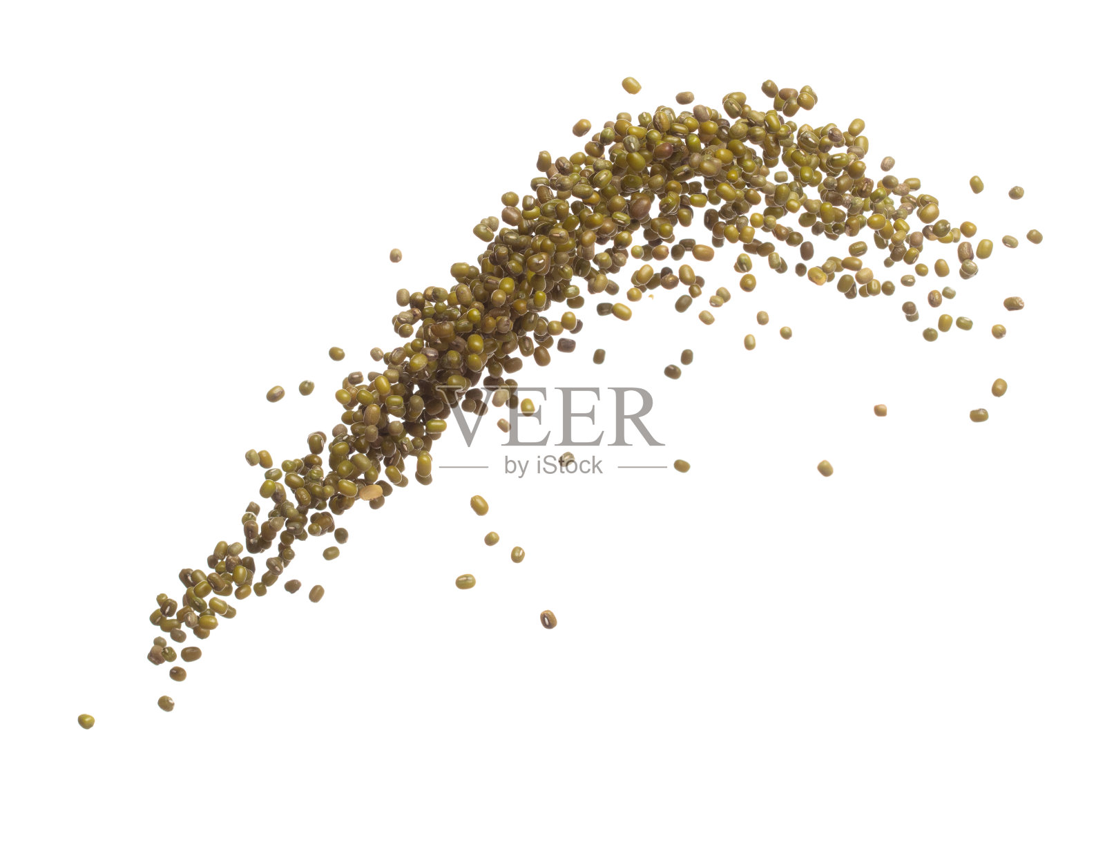 绿绿豆掉下来爆炸,绿绿豆飘爆炸,抽象的云飞。干绿绿豆在空气中飞溅。白色背景隔离高速快门,定格运动照片摄影图片