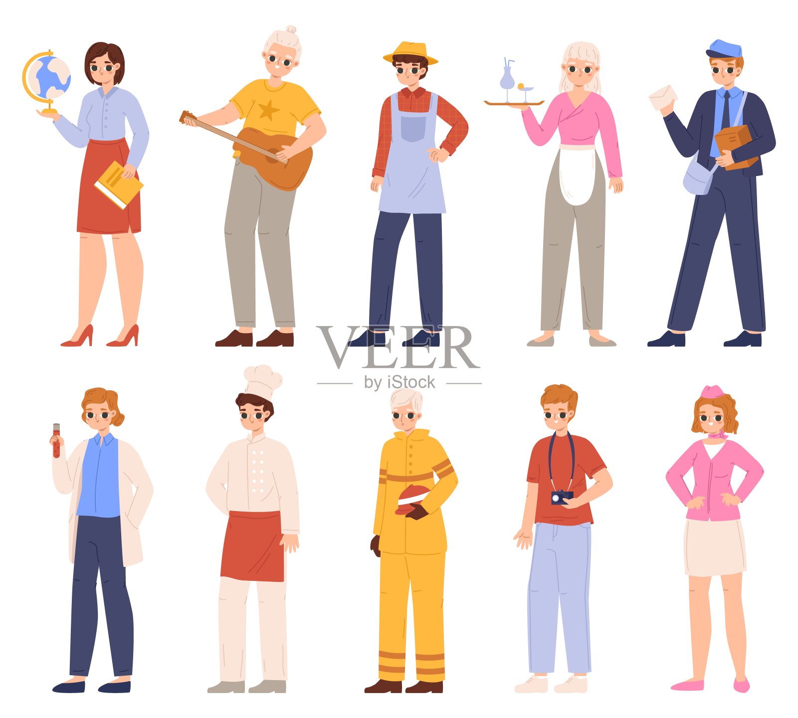 不同的年轻专业人士,不同的工作。成功的商业人物,穿着专业服装的学生。舒适的老师,科学家,向量集插画图片素材
