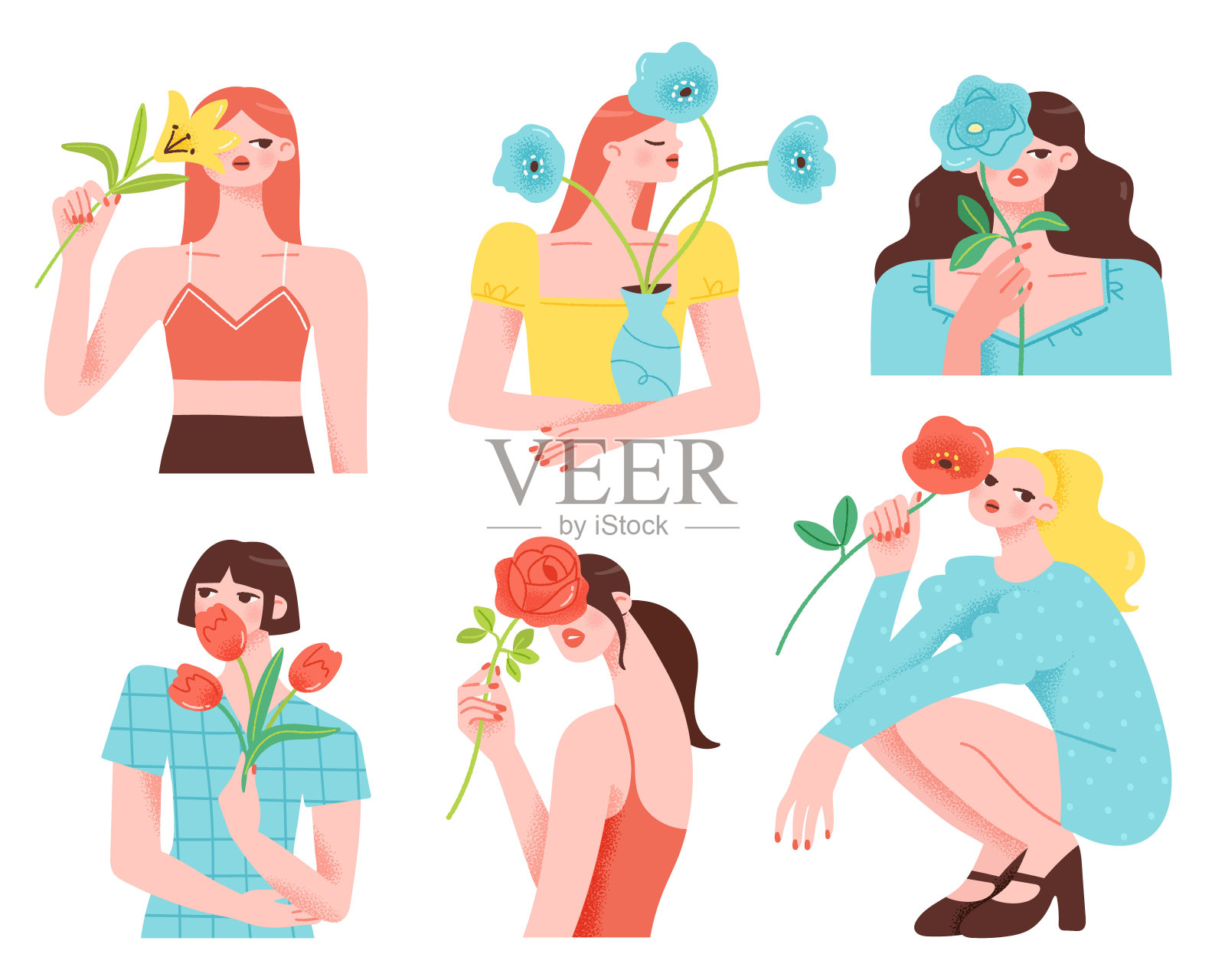 一群女孩手持鲜花。插画图片素材