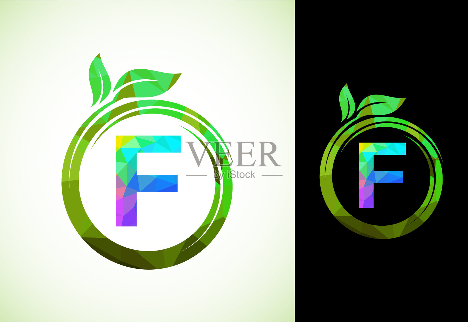 多边形字母F呈螺旋状,带有绿叶。自然符号符号。几何形状风格的标志设计用于商业医疗保健、自然、农场和公司标识。插画图片素材