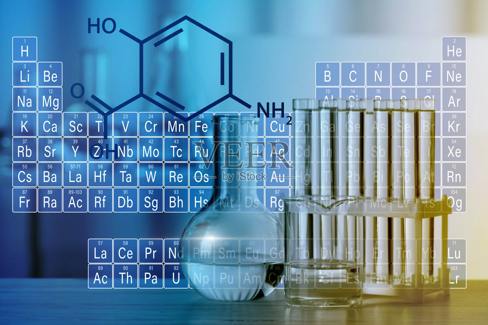 化学元素周期表,化合物结构式,实验室玻璃器皿,二次曝光。调成蓝色和黄色照片摄影图片