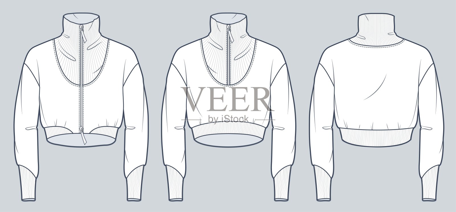 一套运动衫技术时尚插图。裁剪运动衫时尚平面技术图纸模板,卷领口,超大,拉链,罗纹,前后视图,白色,女性,男性,男女通用的CAD模型。插画图片素材