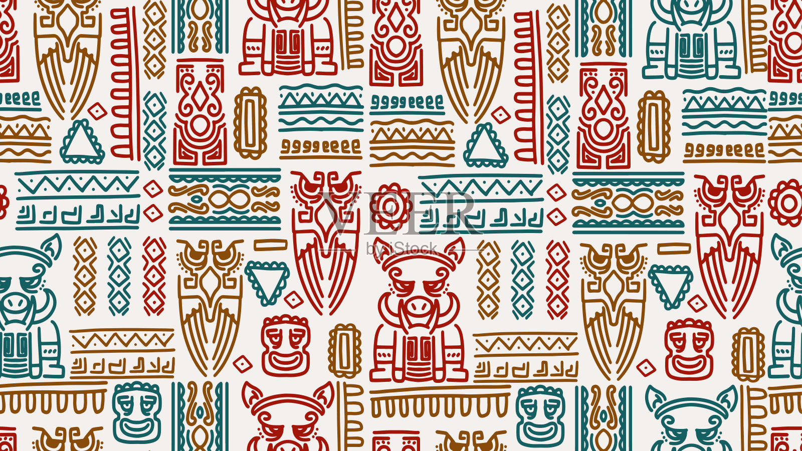 手绘阿兹特克无缝图案涂鸦。创意手工绘图,几何古代浮雕,复古设计插图的时尚纺织印花。插画图片素材