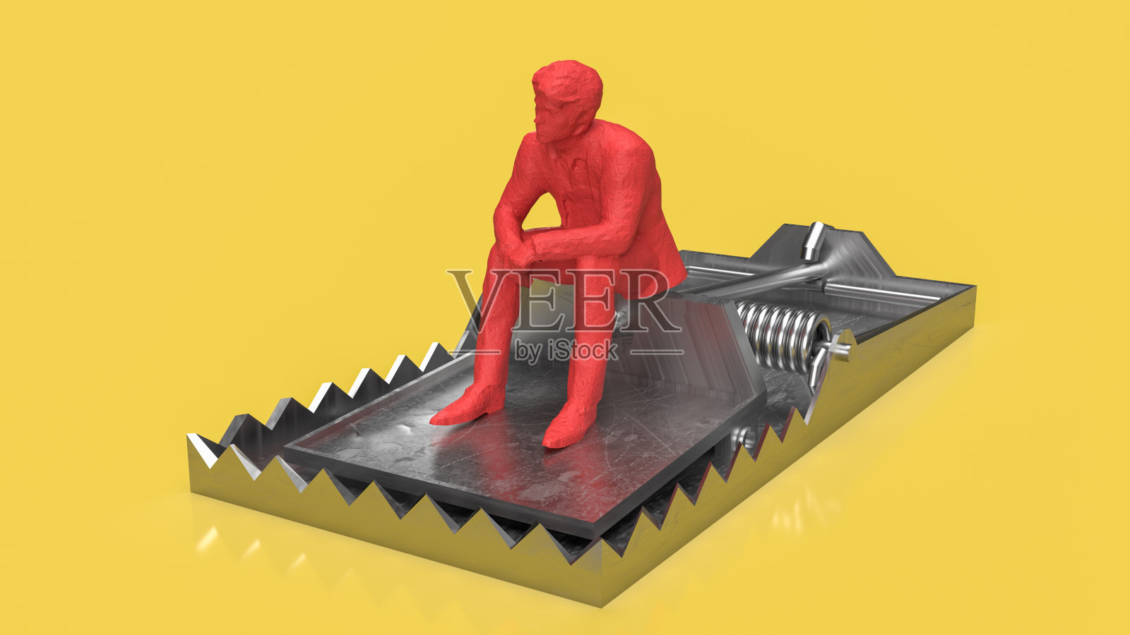 商人站在陷阱上黄色背景的危机概念3d渲染照片摄影图片