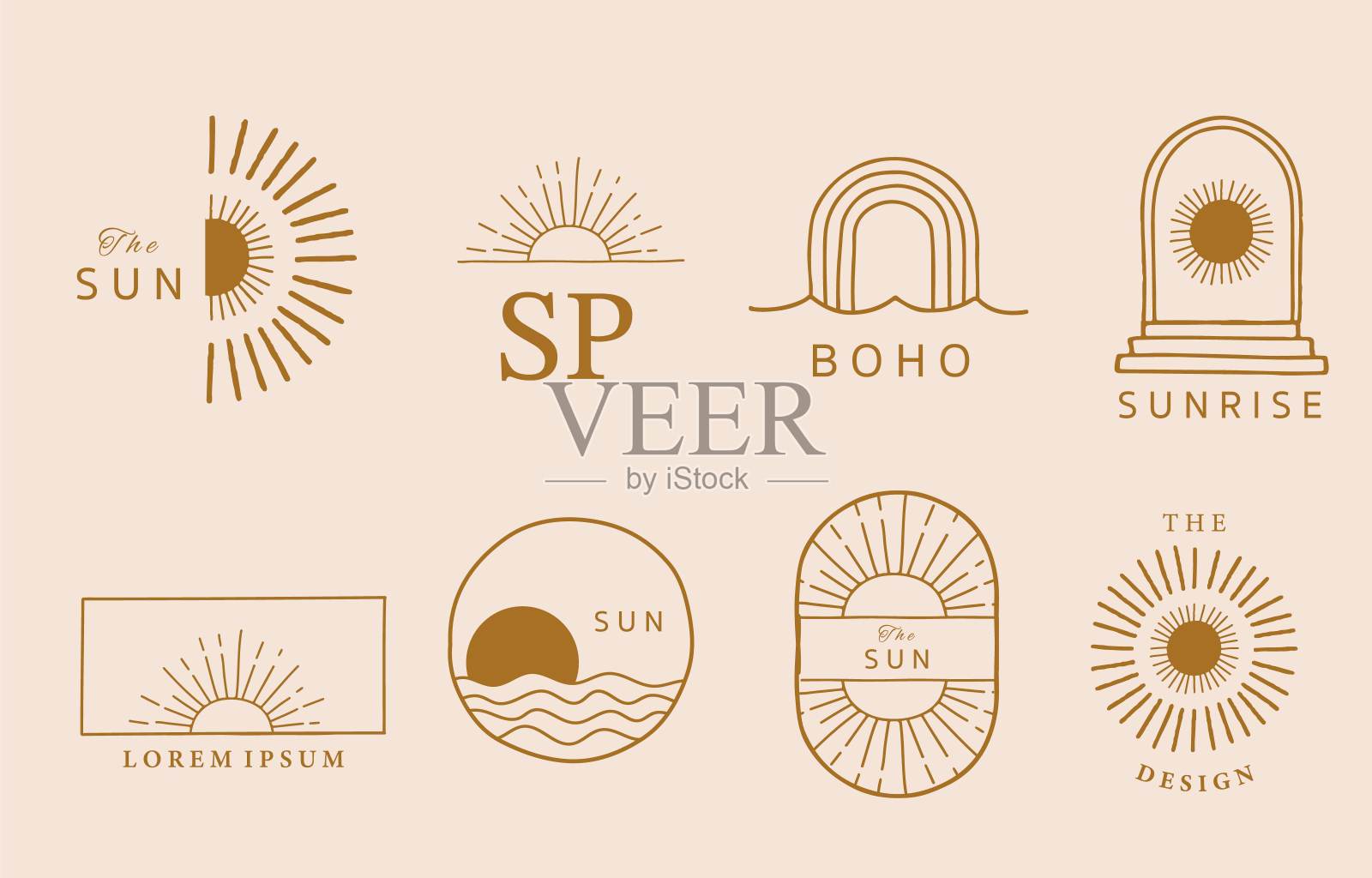 集合线设计与太阳,大海,海浪。可编辑的矢量插图网站,贴纸,纹身,图标插画图片素材