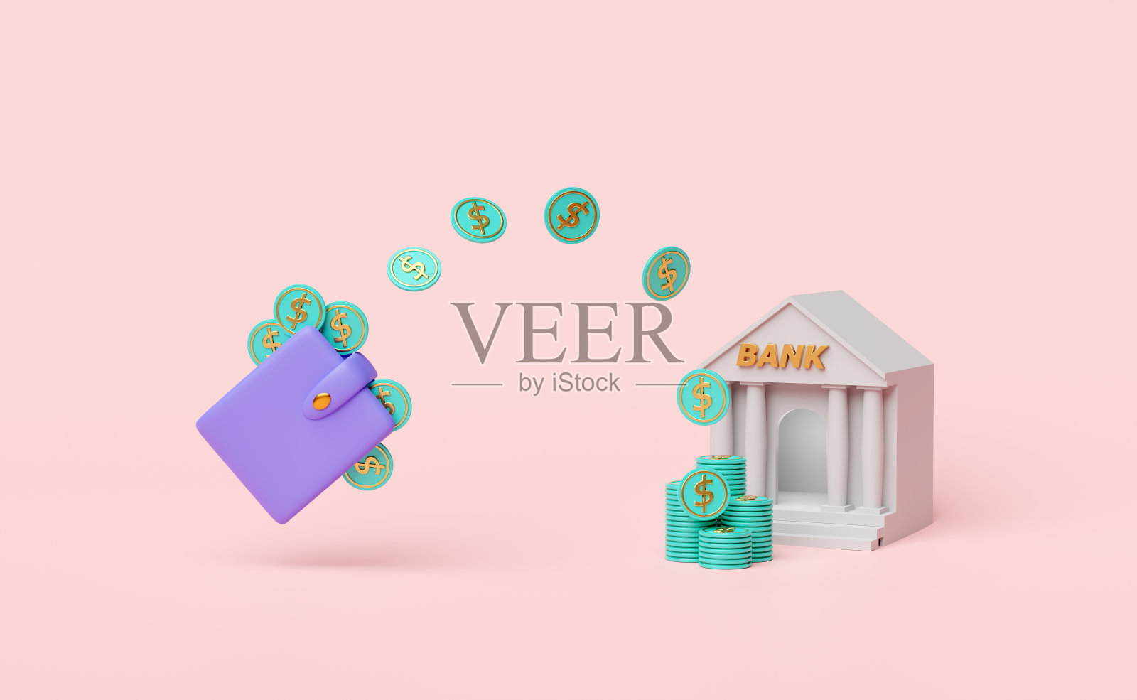 银行或税务大楼,紫色钱包,美元硬币堆叠孤立的粉红色背景。省钱的概念,3d插图,3d渲染照片摄影图片