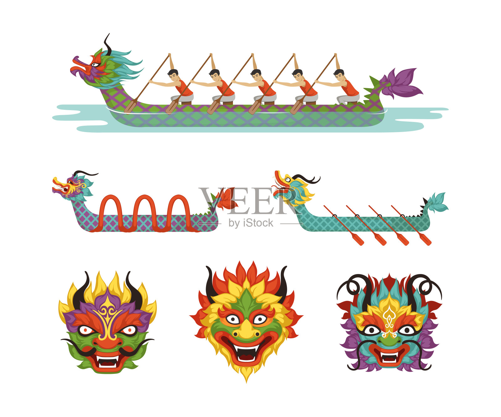 端午节,参加者用桨和面具矢量集参加比赛插画图片素材