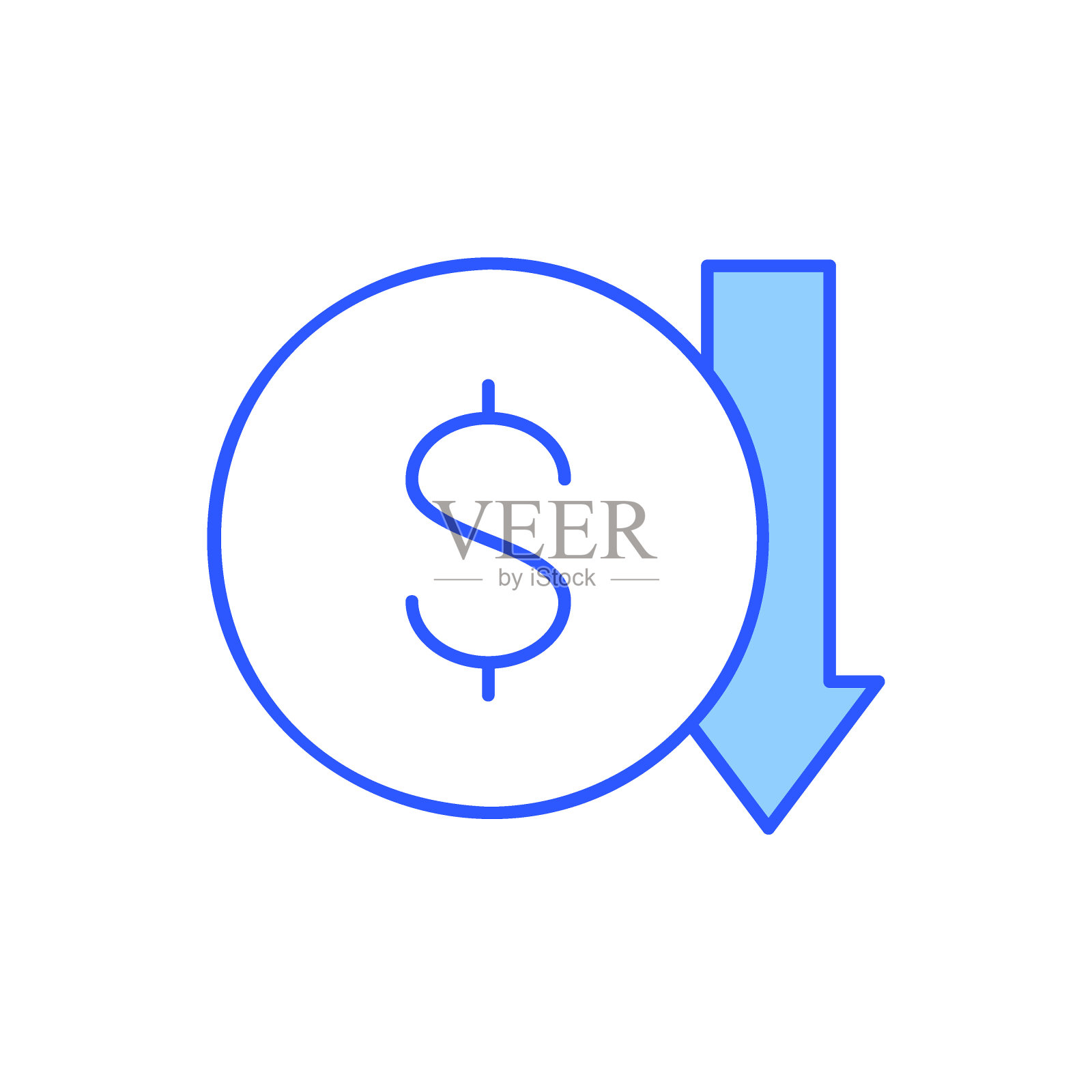 硬币上有向下的箭头,钱币上有降低利率的蓝色直线图标。金融、支付、投资金融符号设计。插画图片素材