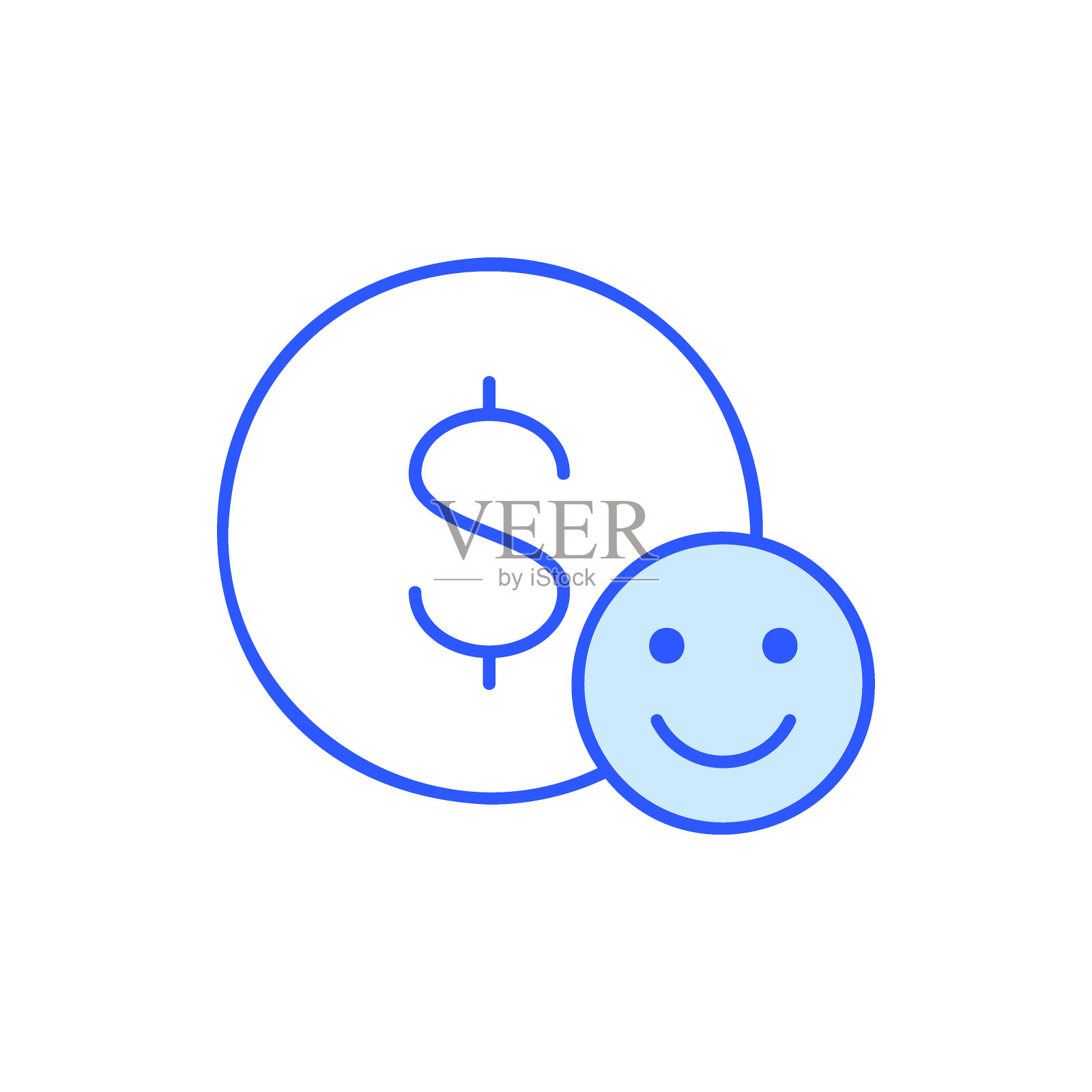 硬币上有笑脸,钱保险,喜欢,正面反馈蓝色直线图标。金融、支付、投资金融符号设计。图标素材