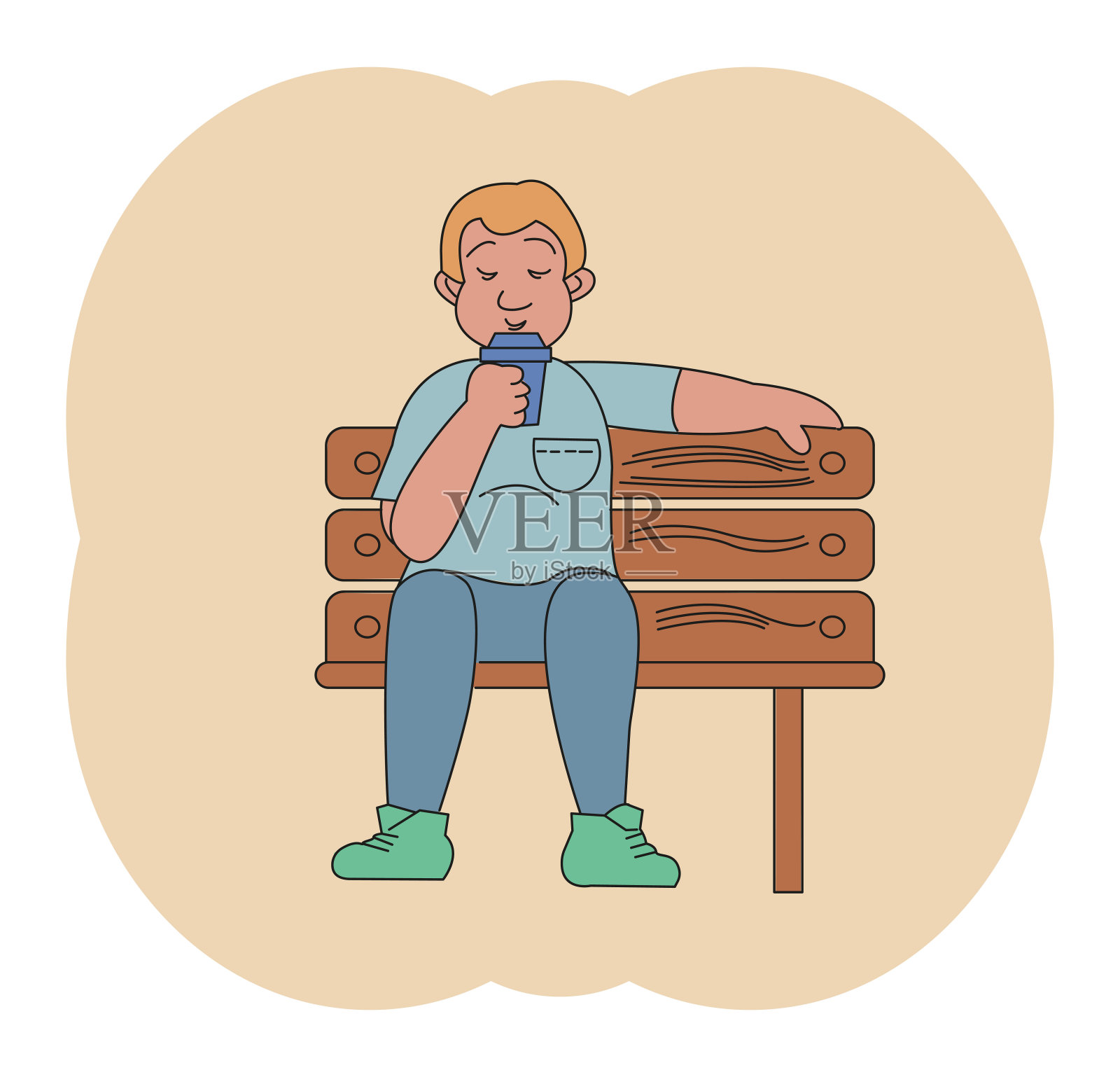 一个年轻人正拿着一杯饮料坐在长凳上。插画图片素材