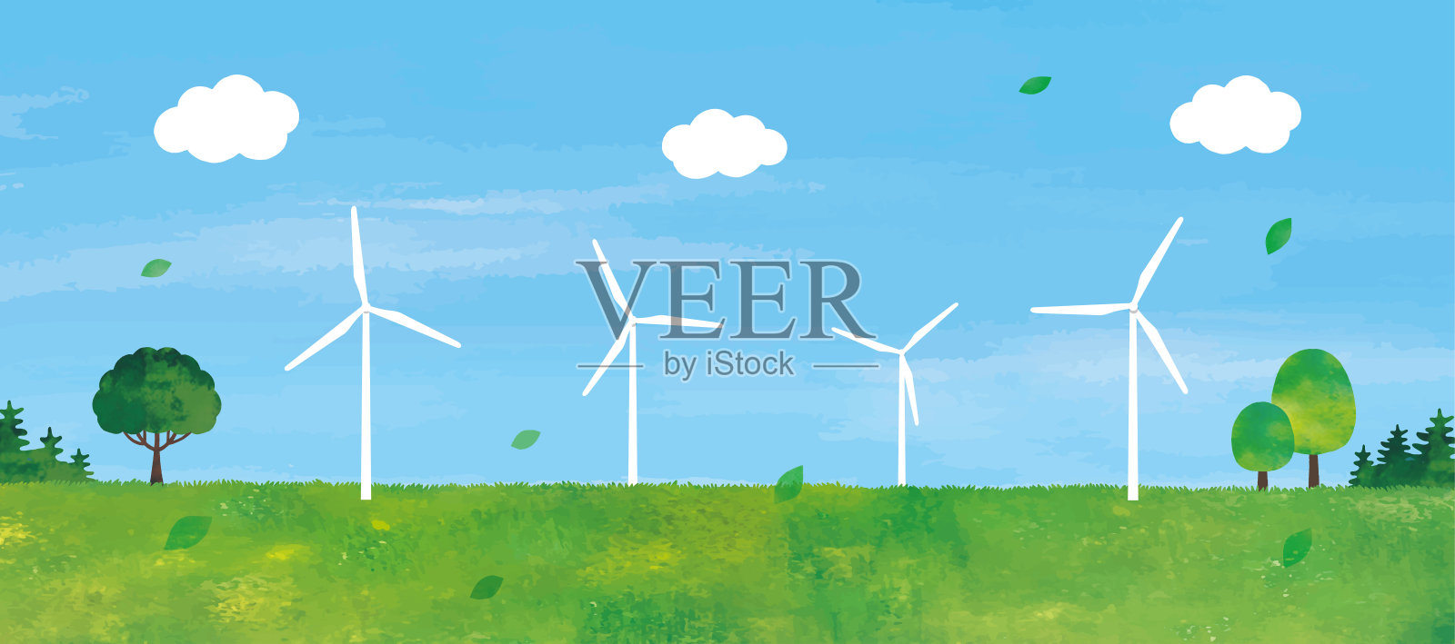 草地景观与风力涡轮机设计元素图片