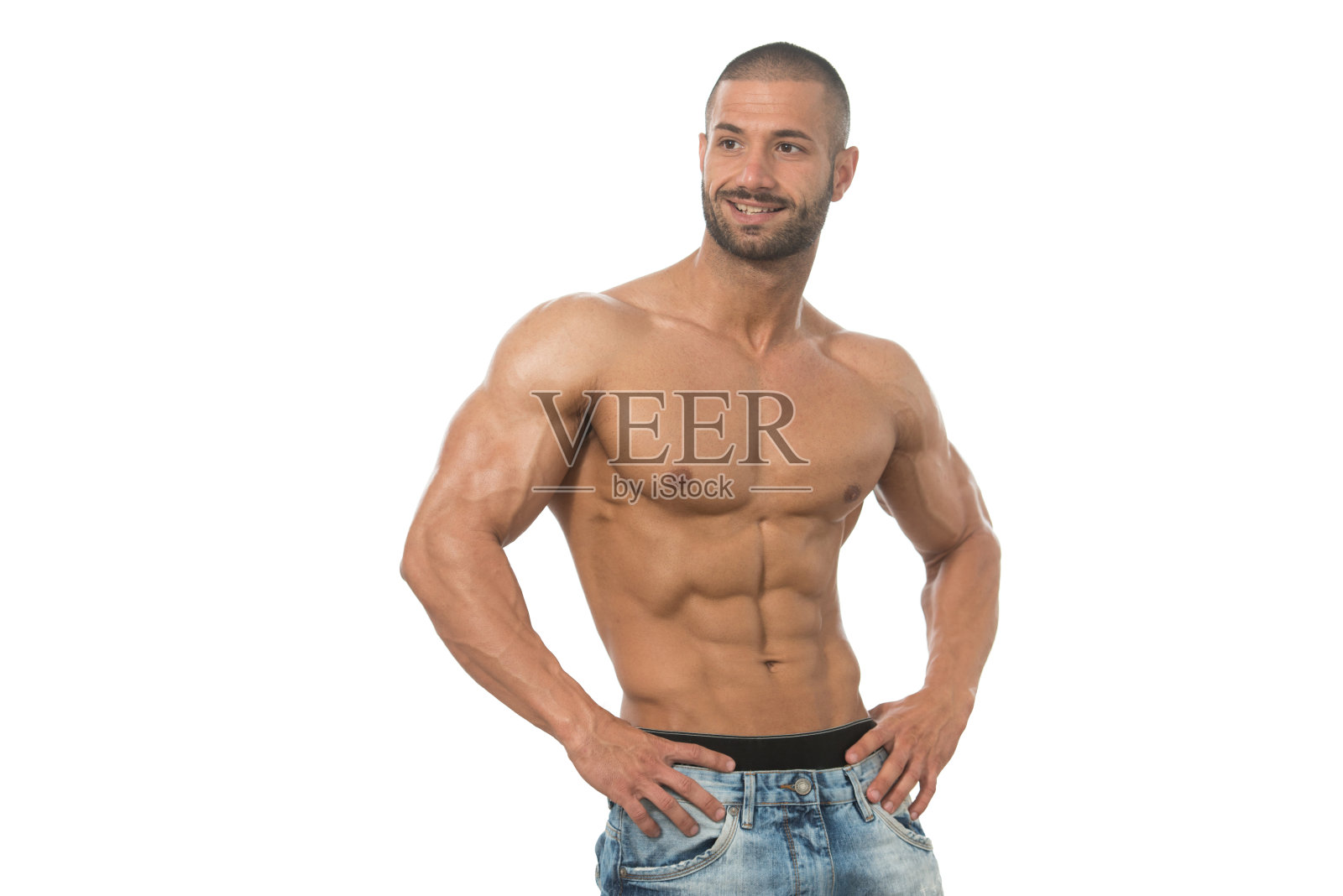 肌肉健美操男子在白色背景上摆姿势照片摄影图片