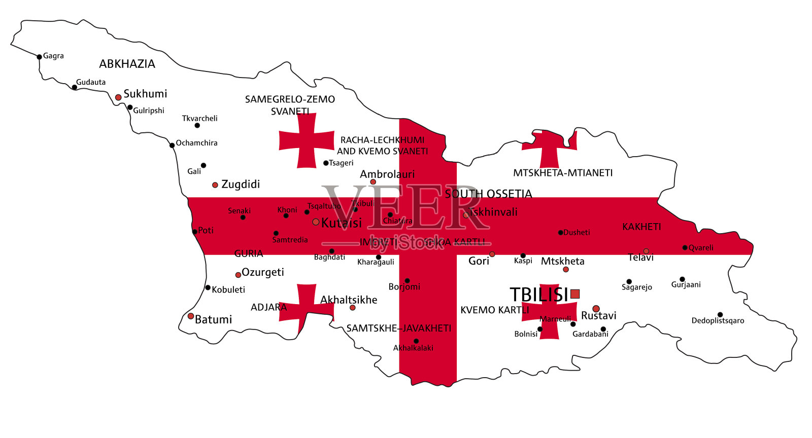 格鲁吉亚非常详细的政治地图,白色背景上孤立的国旗。插画图片素材