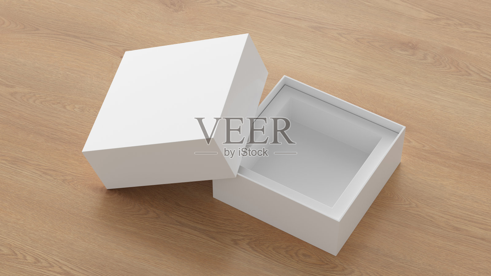 方形开箱包装模型在木制背景。设计模板照片摄影图片